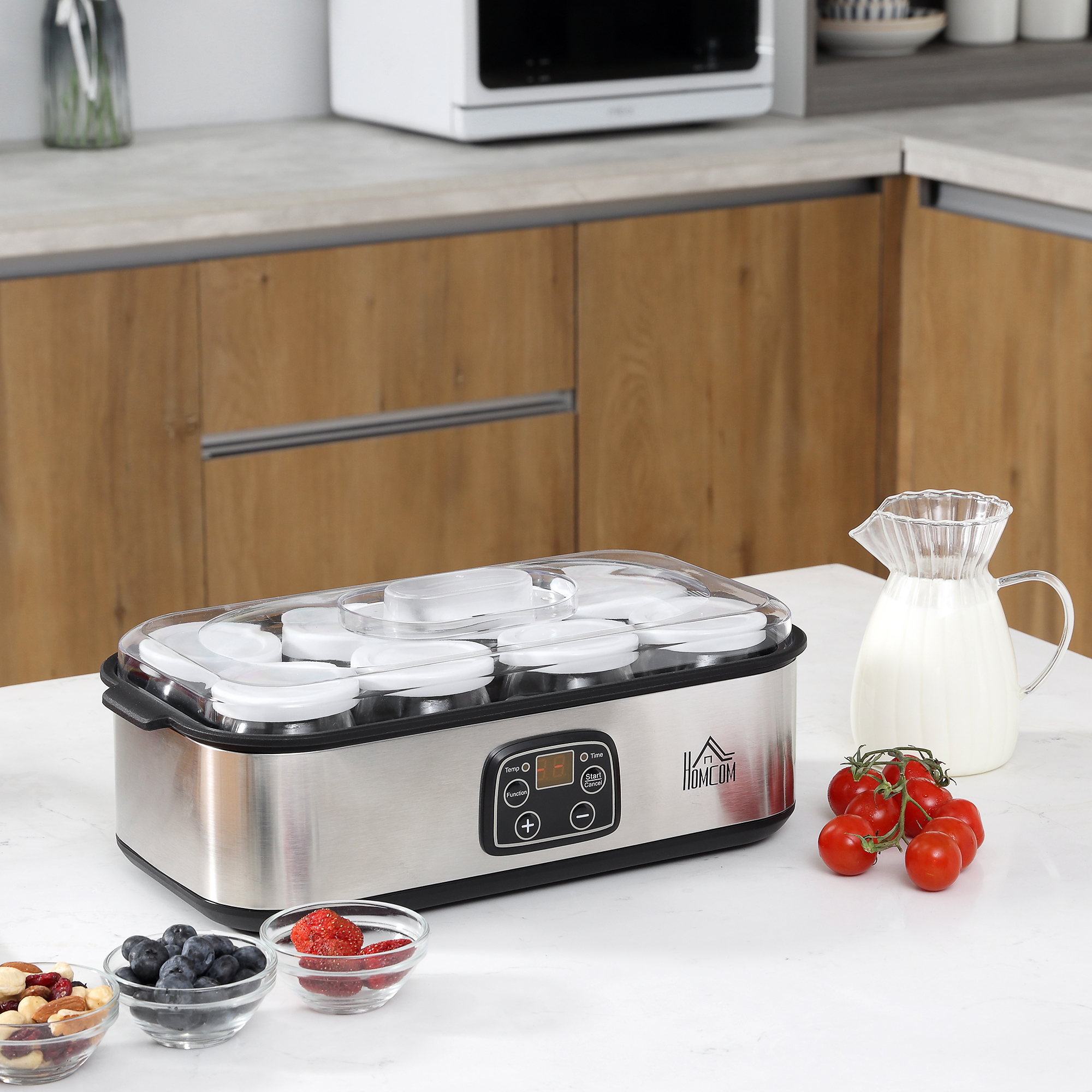 HOMCOM Joghurtbereiter 25W Joghurtmaschine mit LCD-Display 8 Joghurtgläser mit Deckel aus Glas 180ml einstellbare Temperatur und Zeit PC PP-Kunststoff Edelstahl Glas Silber 36 x 18,8 x 14 cm