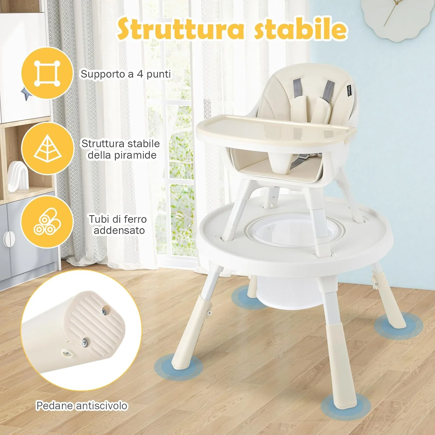 6 in 1 Seggiolone per Bambini, Seggiolone con Altezza Regolabile con Vassoio a 2 Livelli e Cesta, Centro Attività per Bambini, Set Tavolo e Sedia con Mattoncini per Bambini (beige)
