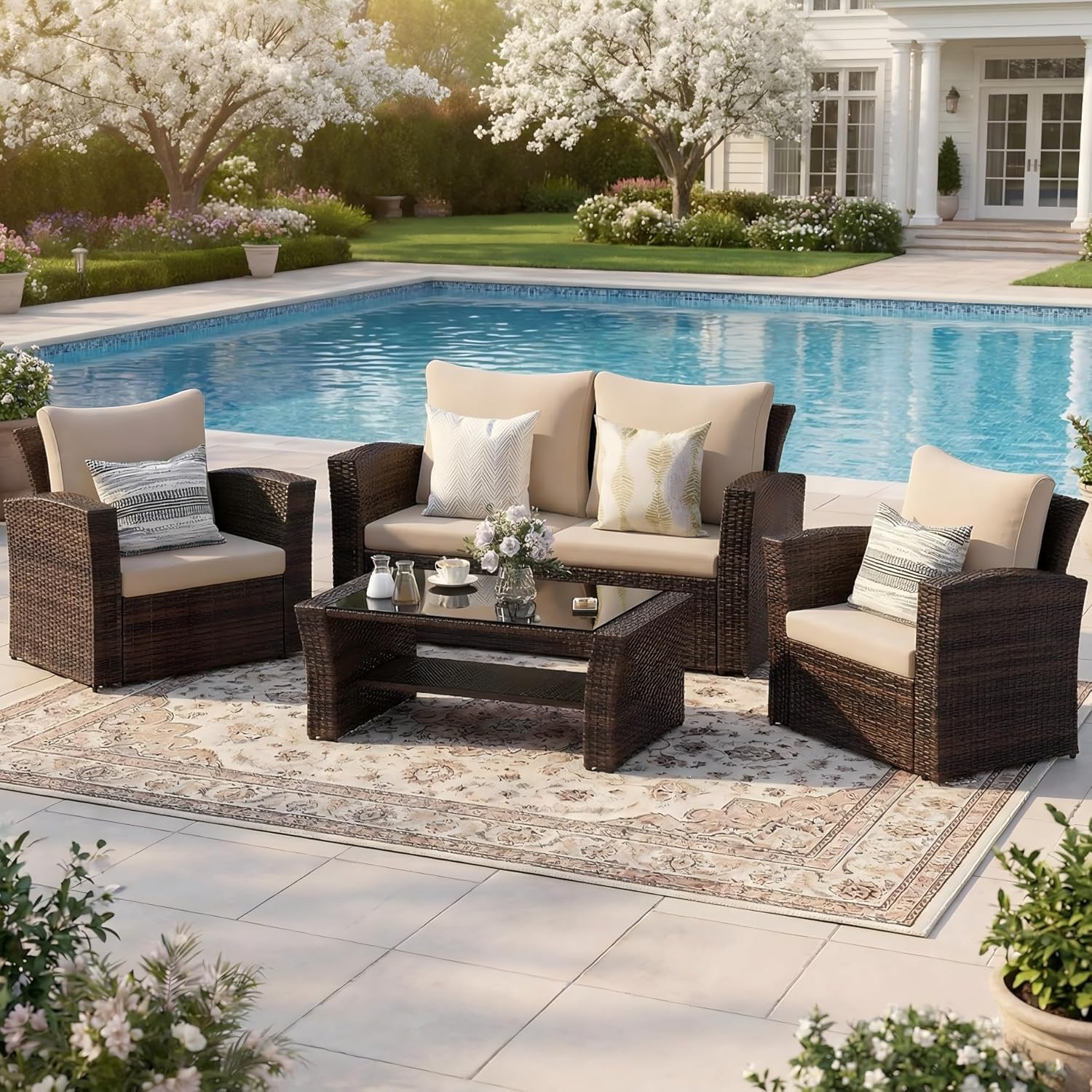 Wisteria Lane 4 Piece Patio Furniture Set  Wicker Outdoor Patio Conversation Furniture Set  All Weather Outdoor Patio Sofa with Cushion and Glass Table  Brown