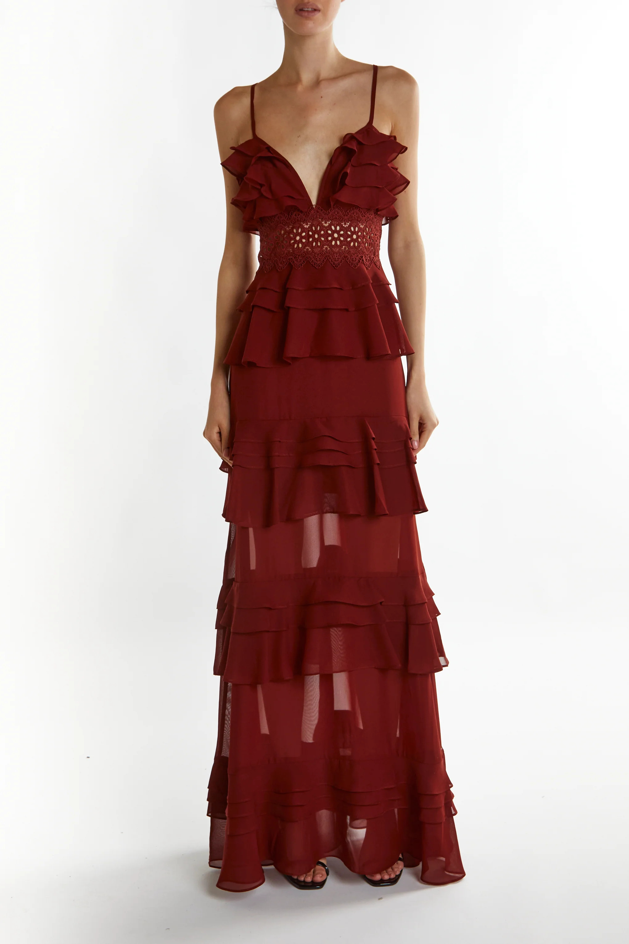 Sophia Burgundy Deep Plunge Layered Ruffle Maxi Dress