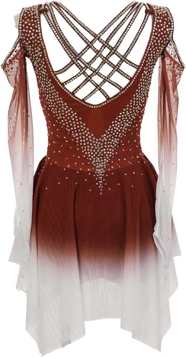 Eiskunstlauf-Wettkampfkleid For Mädchen, Offener Rücken, Damen-Team-Eistanz-Outfit Mit Farbverlauf Und Glänzendem Strassstein