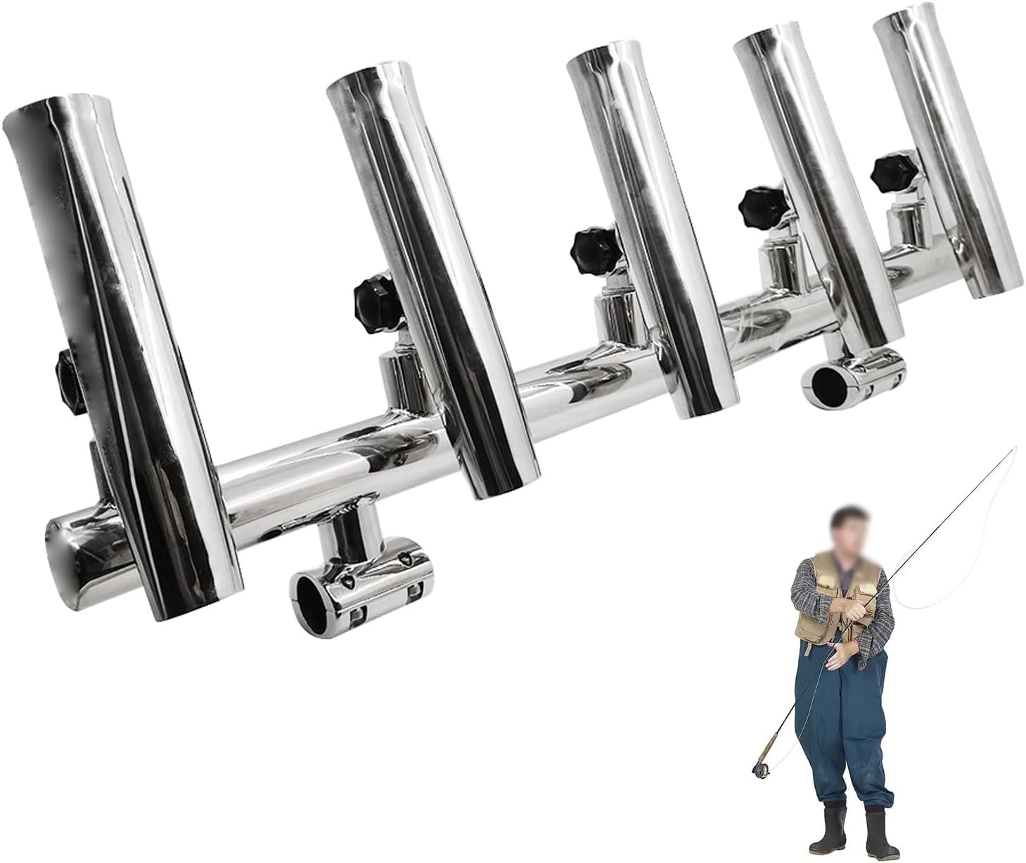 Angelrutenhalter mit 5 Rohren, Verstellbarer Edelstahl-Rutenhalter für Boote, 180°-Winkelverstellung, Clip-on-Angelrutenhalter an der Unterseite, Raketenwerfer für Boote