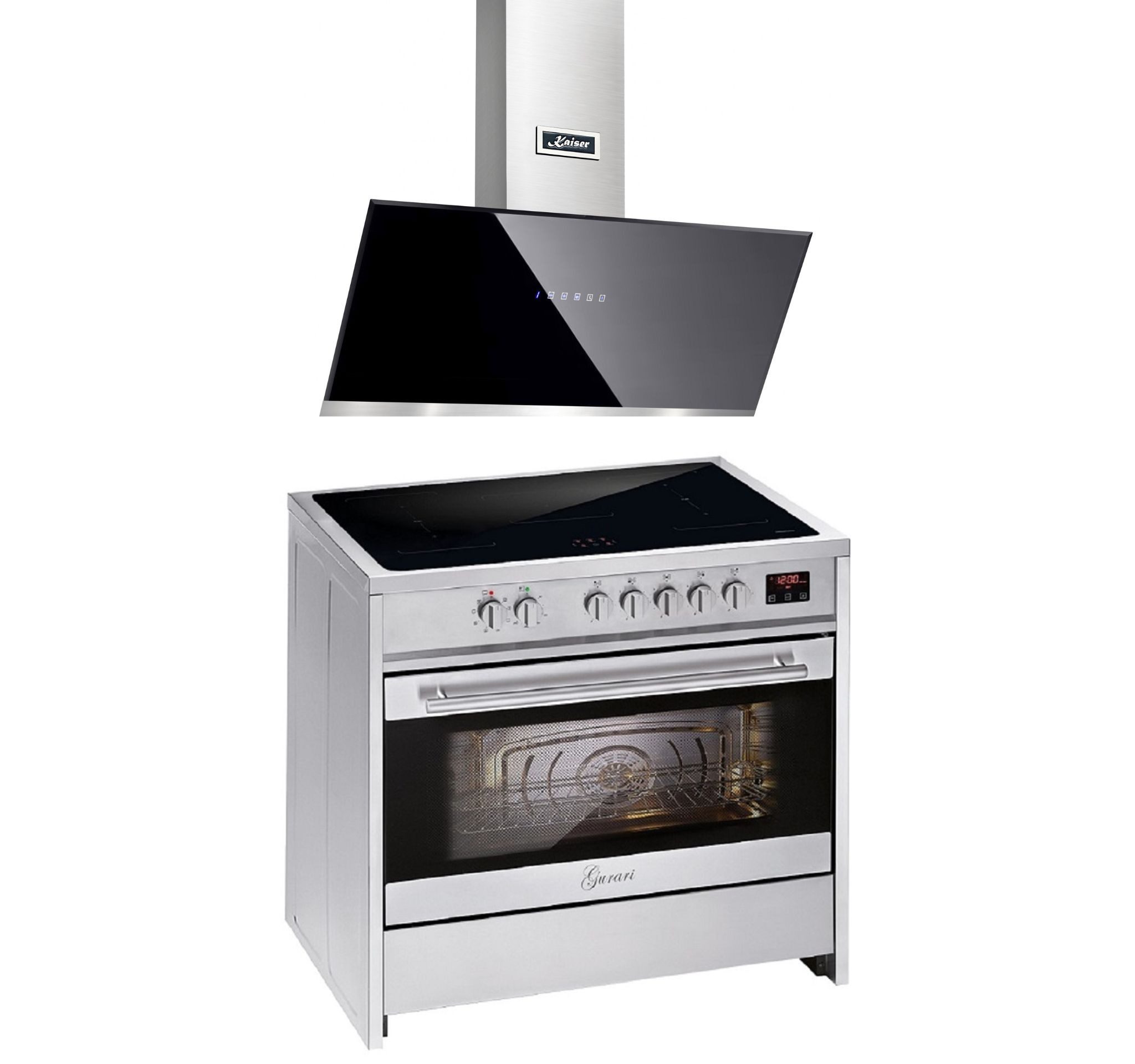 Induktions-Standherd Induktions Standherd 90 cm, FLEX ZONE, Booster, Range Coocker, 121L+Dunstabzugshaube 90 cm, Schwarz Glas Edelstahl, 1250m³/h E 913 X+AT 9440