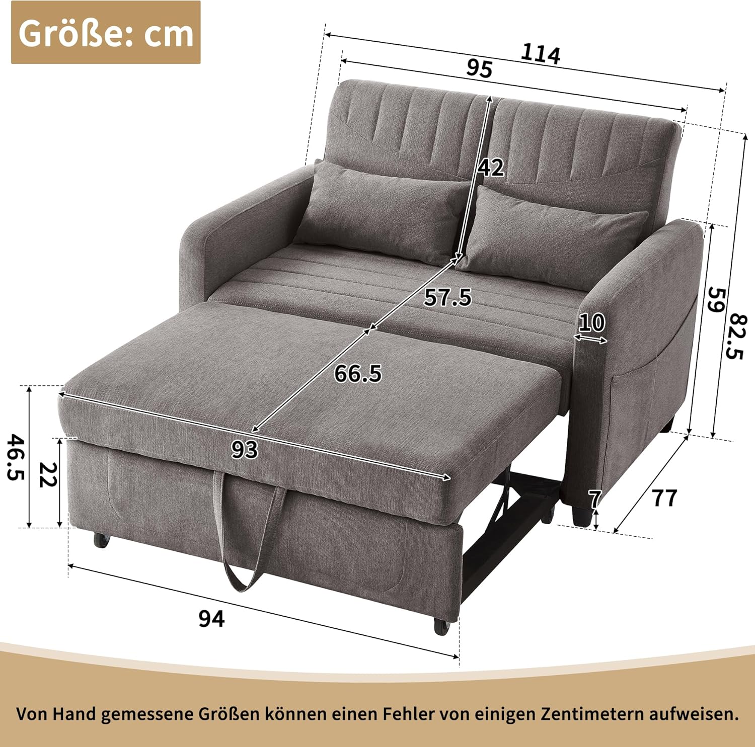 Divano letto con funzione letto Divano pieghevole a due posti, design estensibile, elegante e moderno, schienale regolabile a tre livelli, tessuto traspirante in cotone e lino (Grigio)