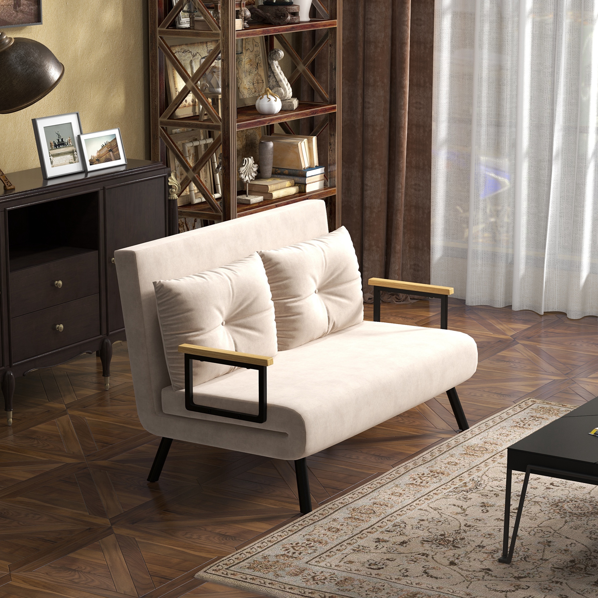 HOMCOM Schlafsofa 2er-Sofa Samtsofa, Schlaffunktion, inkl. 2 Kissen, Samtoptik, Natur + Beige + Schwarz