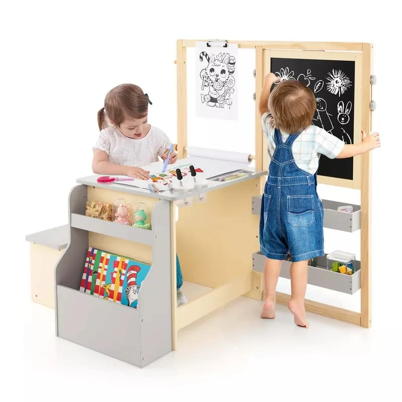 Kids Wooden Art Center Easel with Adjustable Double-Sided Blackboard & Whiteboard, Paper Roll, Toddler Art Table & Chair Set with Storage