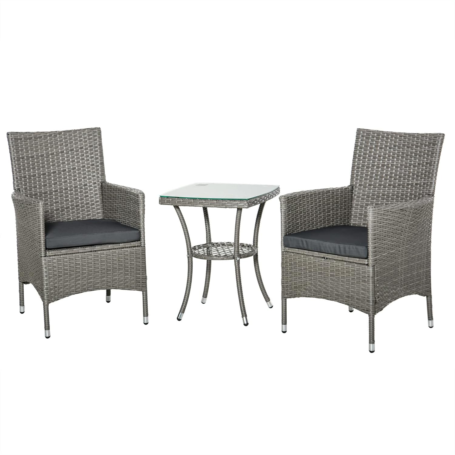 Outsunny Outdoor Garden Set 3 Pieces in PE Rattan and Steel, Set of 2 Chairs with Washable Cushions, Armrests, Coffee Table with Glass Top, Living Room Garden Balcony Patio Courtyard, Grey