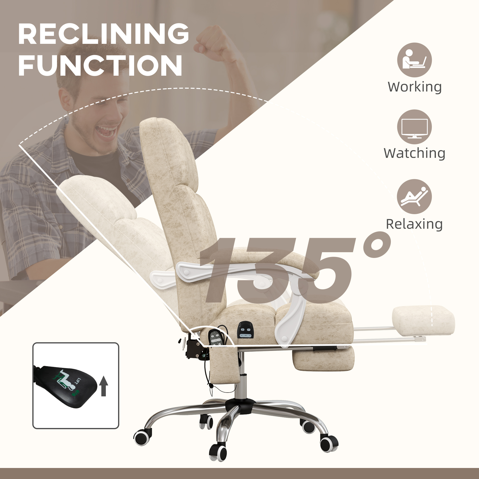 Vinsetto Bureaustoel met Massage- & Warmtefunctie, Voetsteun, Verstelbaar, tot 120kg, Beige