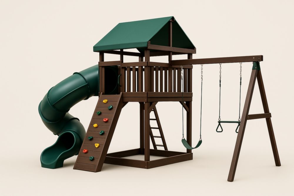 Parco giochi in legno di pino con scivolo e altalena verde/marrone