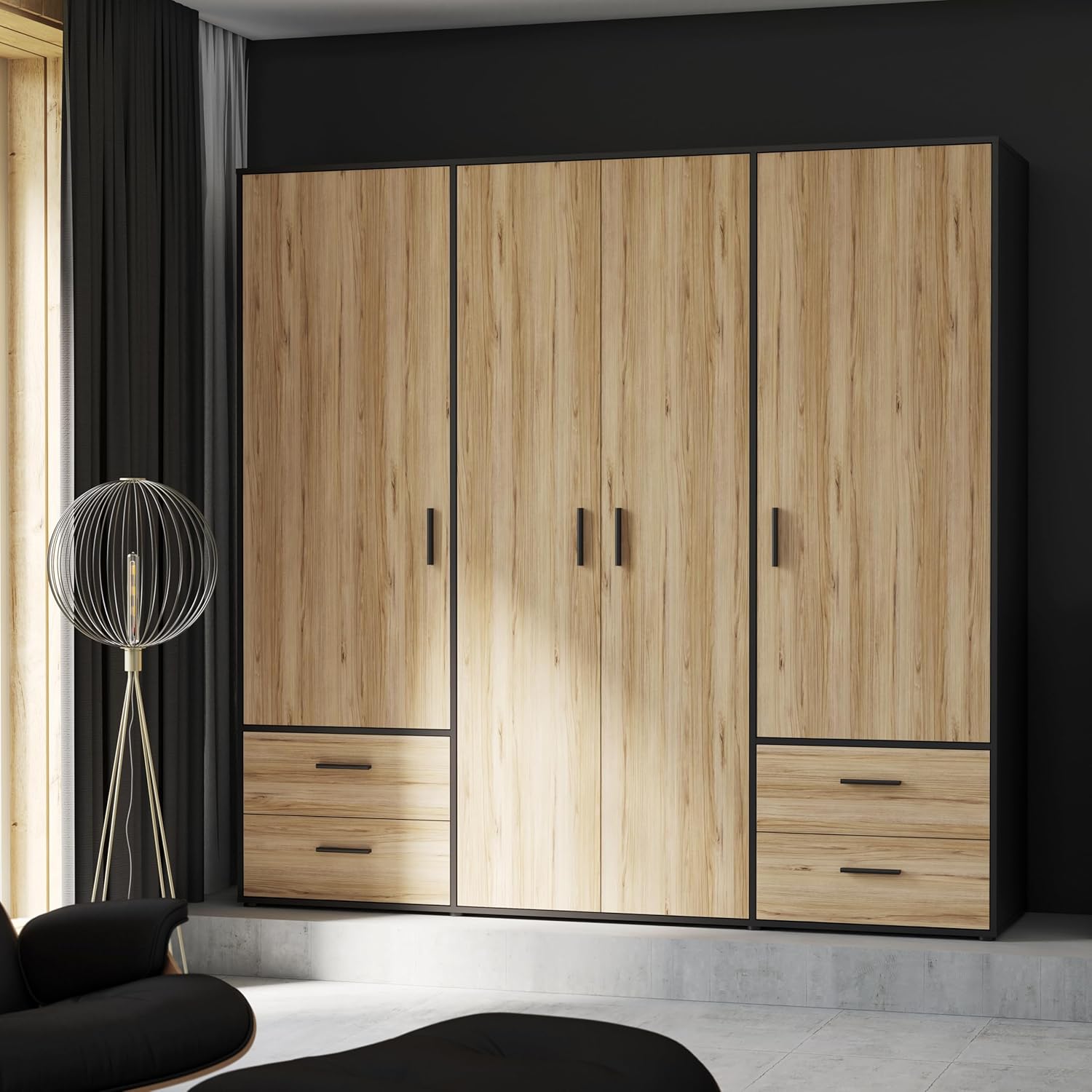 FORTE Jupiter Schrank 200 210, Kleiderschrank, Drehtürenschrank, 4-türig, mit 4 Schubladen und Einlegeböden, Schwarz mit Holz Dekor: Catania Eiche, 206 cm breit x 53 cm tief x 200 cm hoch