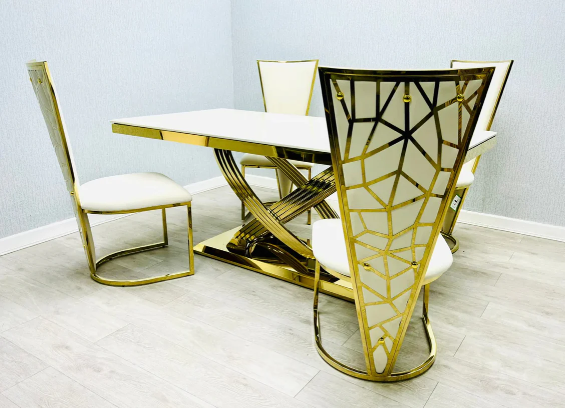 1.6M & 1.8M Rose Cream Gold Dining Table Set with Luxury Rose Cream & Gold Dining Chairs – Modern Dining Set UK