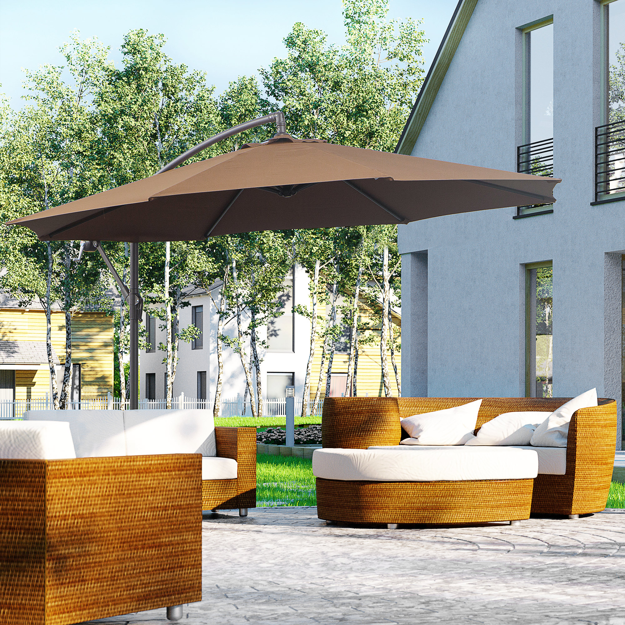 Outsunny Sonnenschirm mit Kurbel Wetterbeständig 3 m x 3 m x 2,5 m Stahl Polyester Kaffee