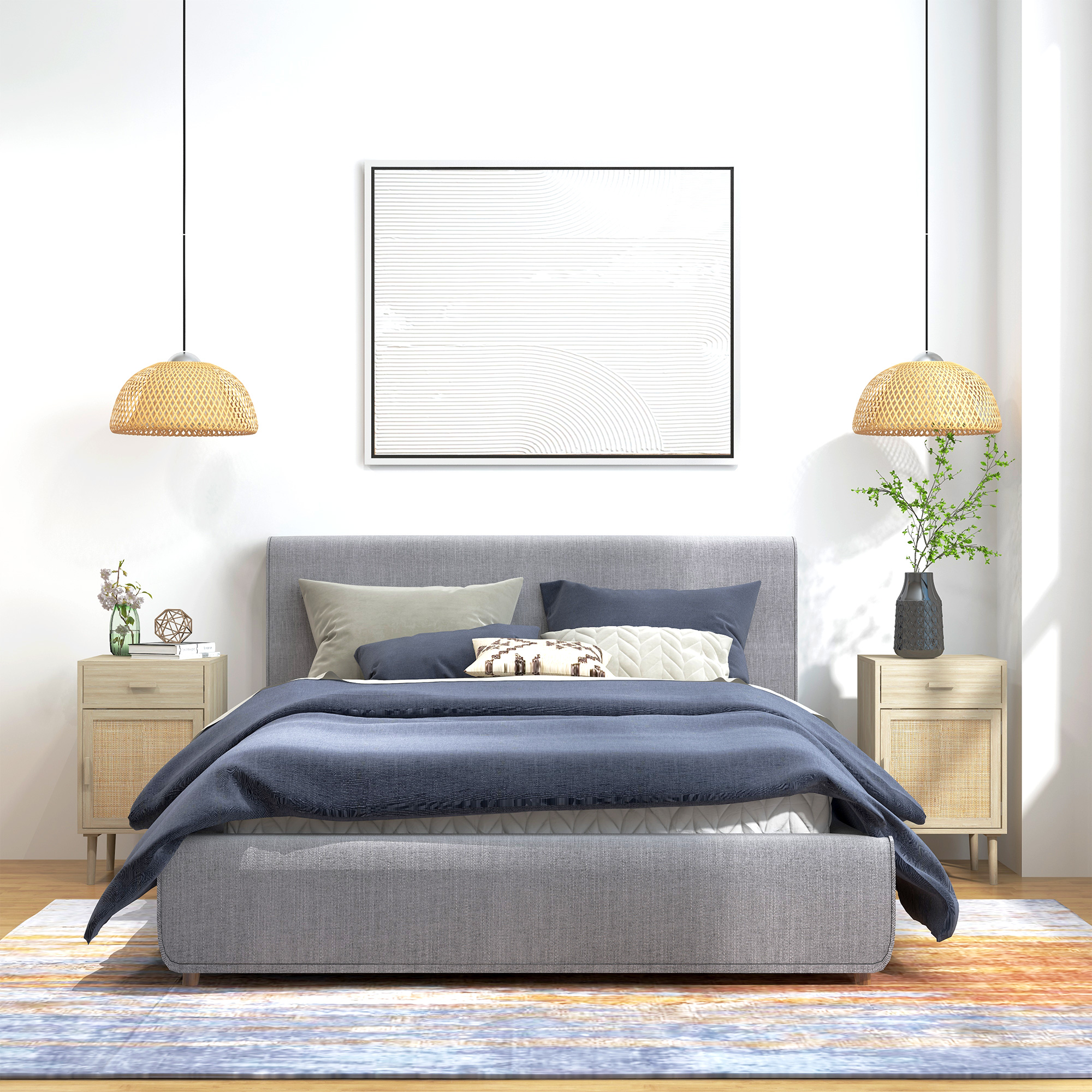 HOMCOM Set 2 Nachttische für das Schlafzimmer mit Schublade und Tür im Rattan-Boho-Stil, Farbe Holz