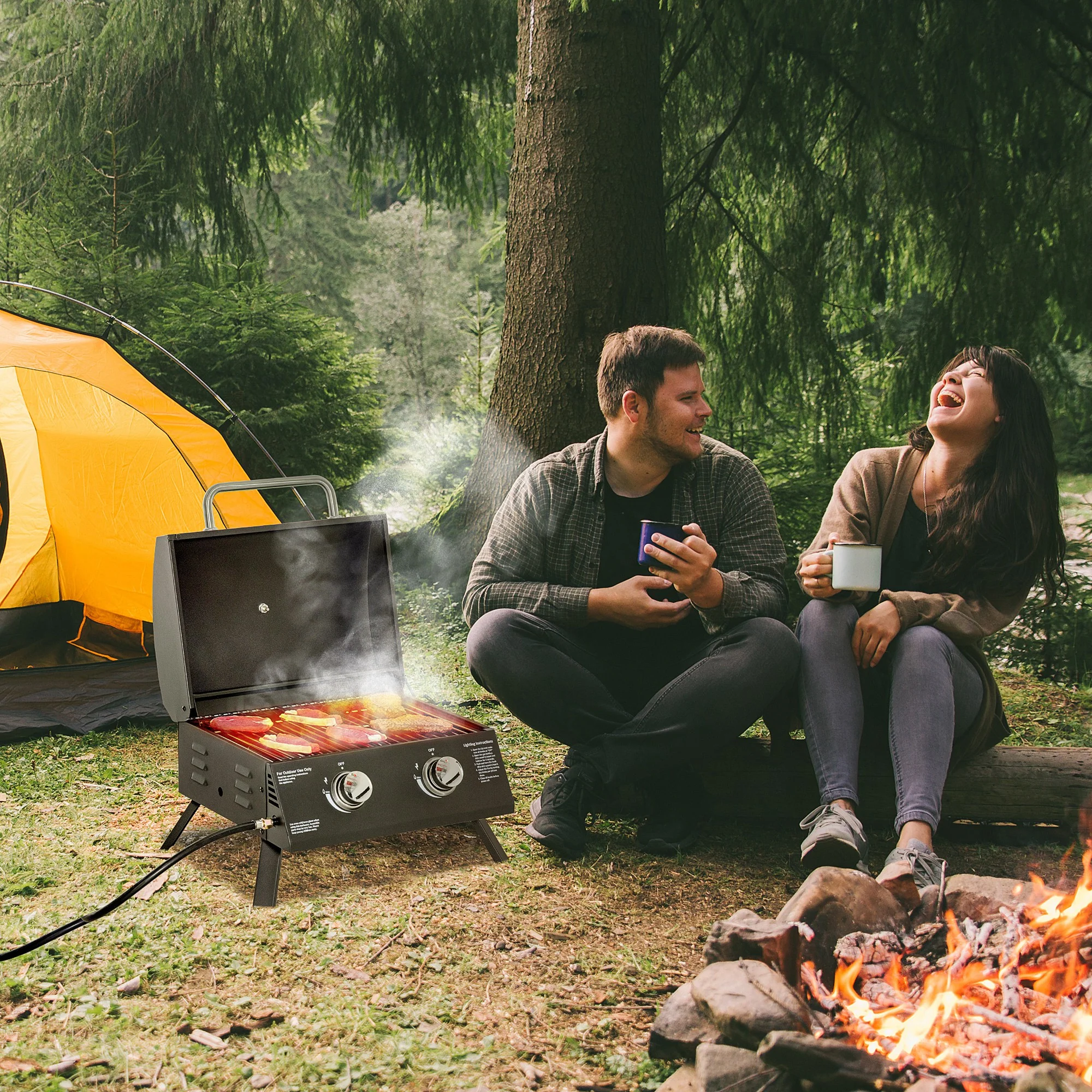Easycomfort Barbecue a Gas Pieghevole con Coperchio, Termometro e 2 Bruciatori in Acciaio, 55x46.5x41 cm, Nero