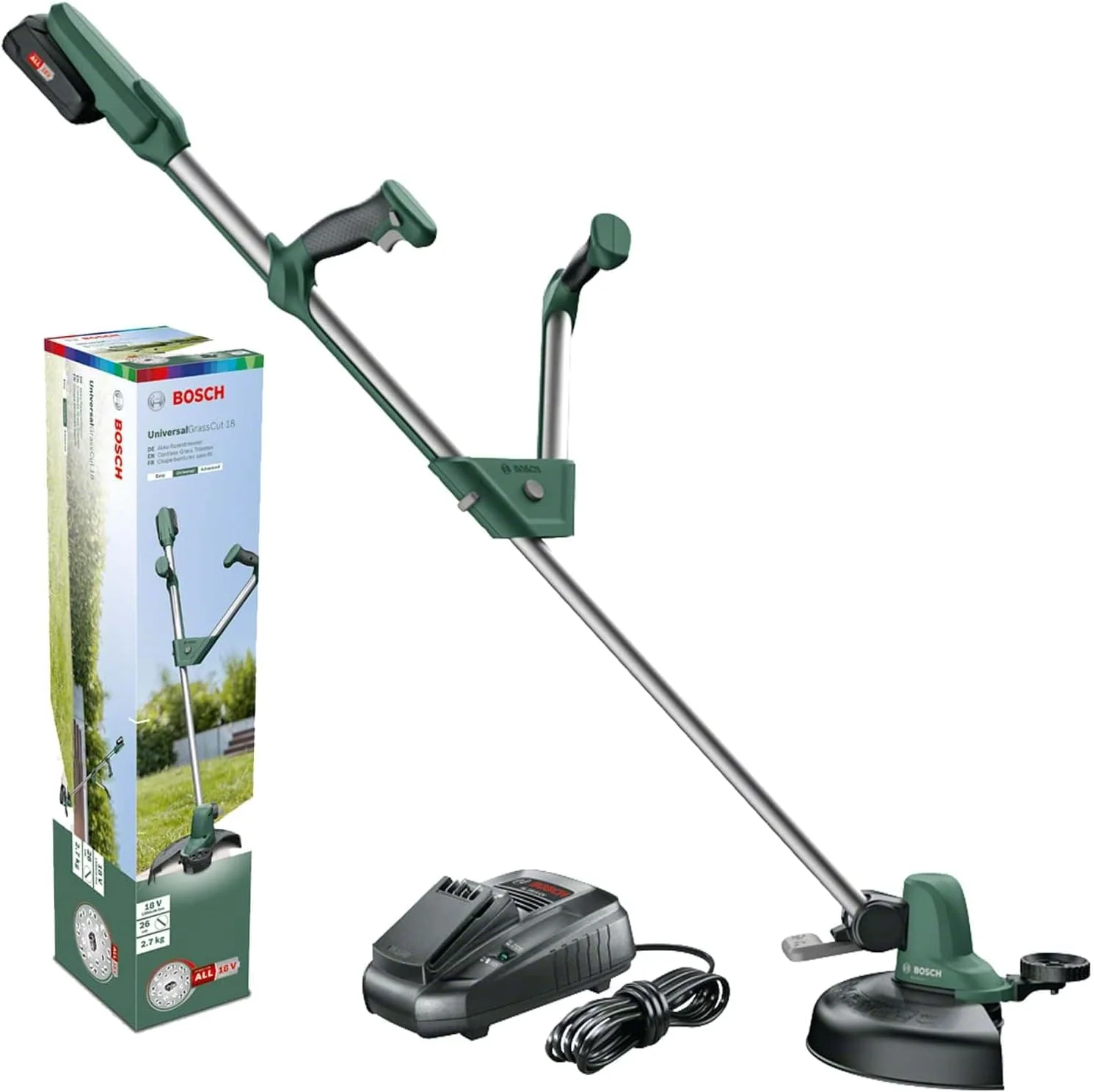Bosch Akku Rasentrimmer UniversalGrassCut 18V-260 (1x Akku 2,0 Ah, Schnittkreisdurchmesser: 26 cm, 18 Volt System, verstellbare Handgriffe, im Karton)