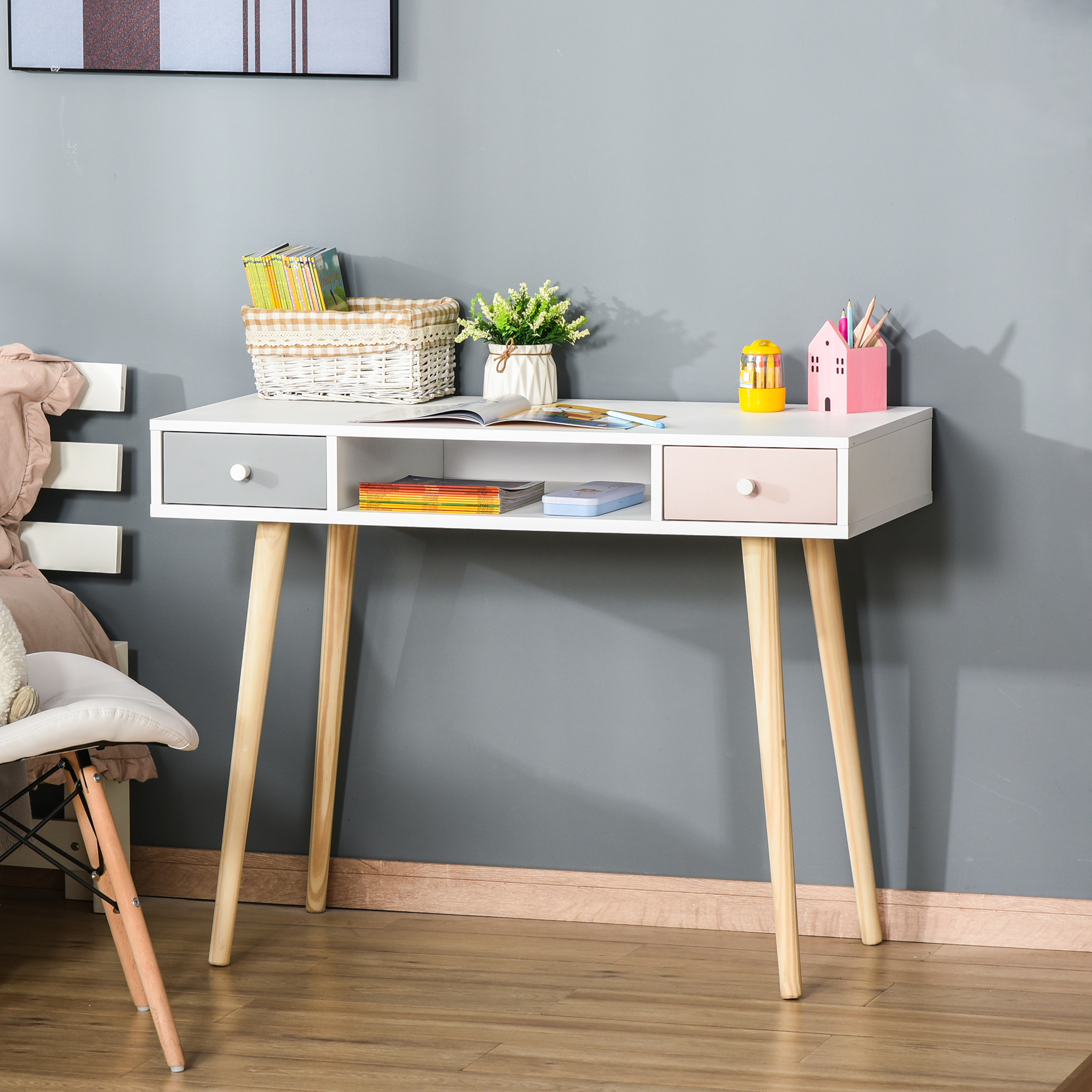 HOMCOM Kinder Schreibtisch mit Schublade mehrfarbig Kindertisch mit Kieferfischbeine 100 x 48 x 76,5 cm