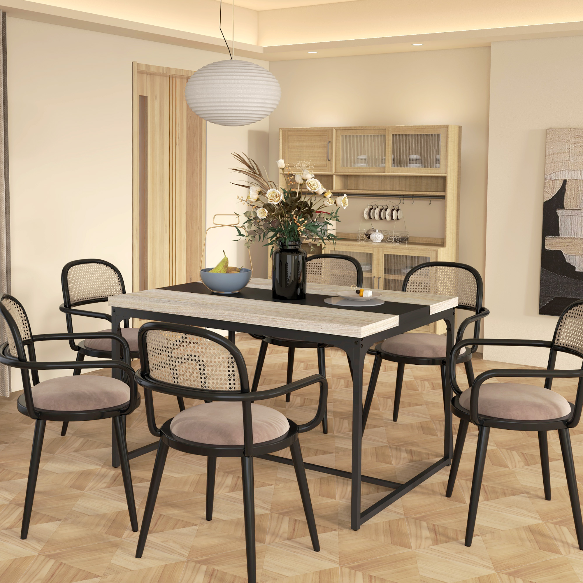 HOMCOM Esstisch für 6 Personen, Industriestil aus schwarzem Metall und Holz, Maße 120L x 89B x 75,5H cm