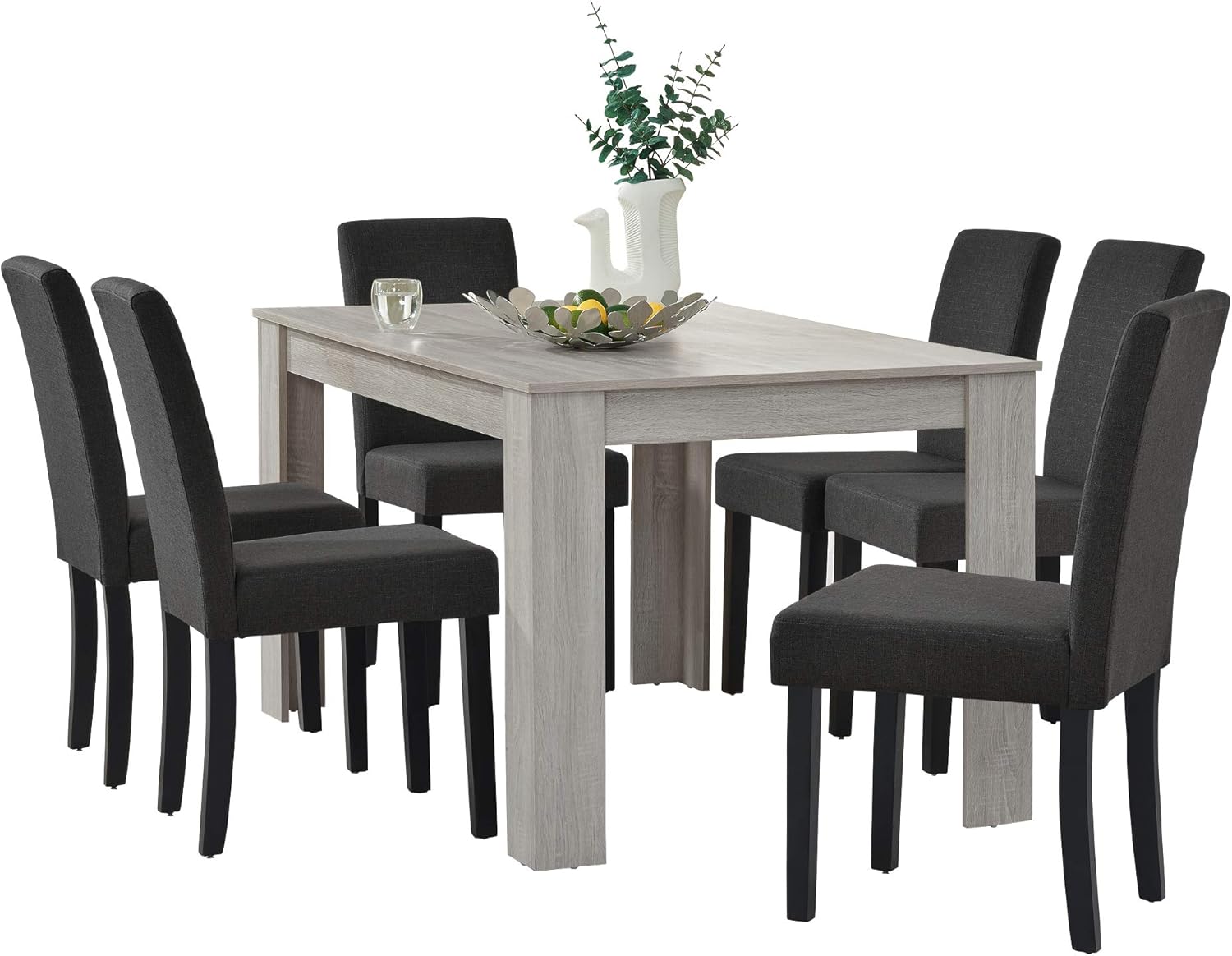 [en.casa] Set da Pranzo Tavolo con Piano Rettangolare 140x90 cm in Effetto Rovere e 6 Sedie Imbottite con Rivestimento in Tessuto Grigio per Sala Soggiorno Cucina