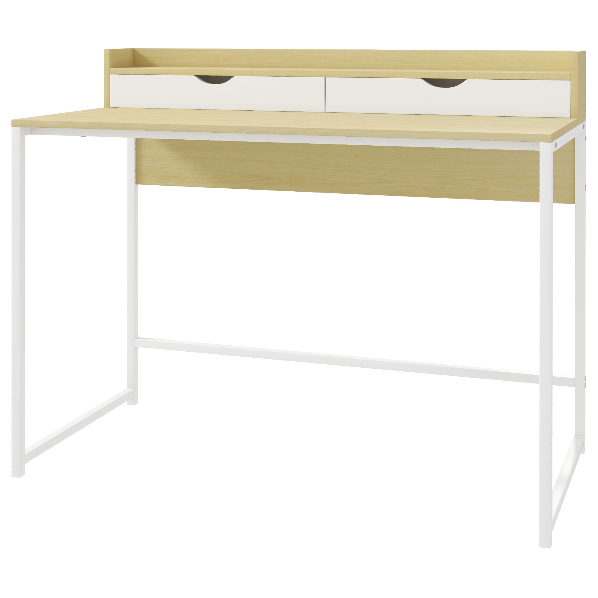 HOMCOM Schreibtisch mit Regal und 2 Schubladen im modernen Stil in Naturholzoptik und weißem Metall - 106L x 50B x 89H cm