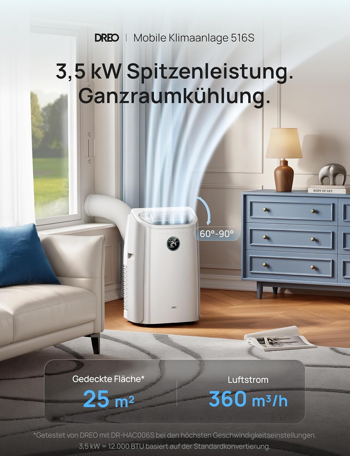 DREO 12000 BTU Mobiles Klimagerät (3-in-1 Kühlen/Ventilieren/Entfeuchten), leise für Schlafzimmer/Büro, Steuerung per App/Sprachbefehl/Fernbedienung, drainagefrei, Fenster-Set, 3,2 L/h, AC516S
