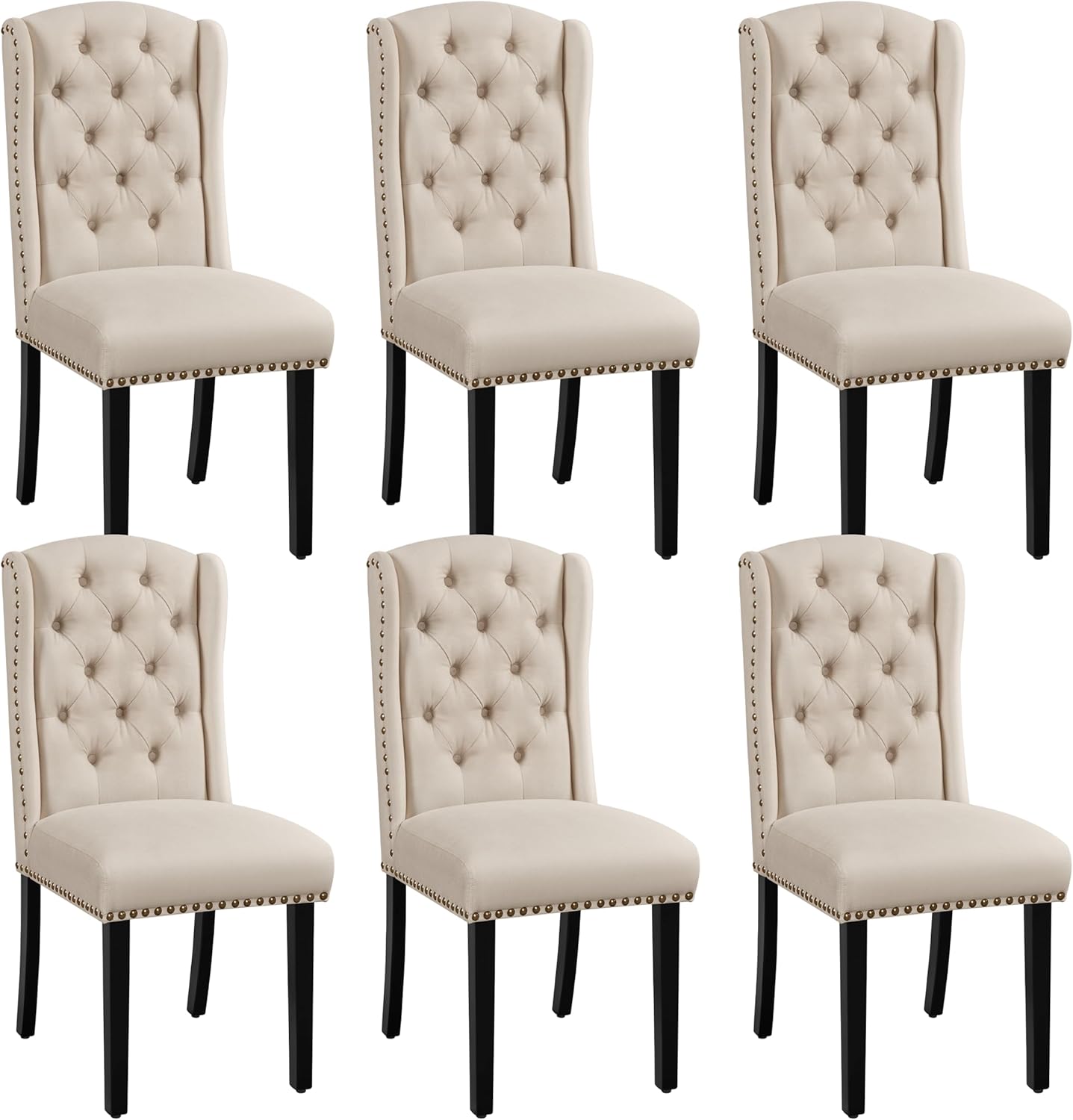 Yaheetech Set 6 Sedie Sala da Pranzo Tessuto Imbottite Eleganti Gambe in Legno Massello Schienale Alto con Bottoni Portata 140 KG Beige