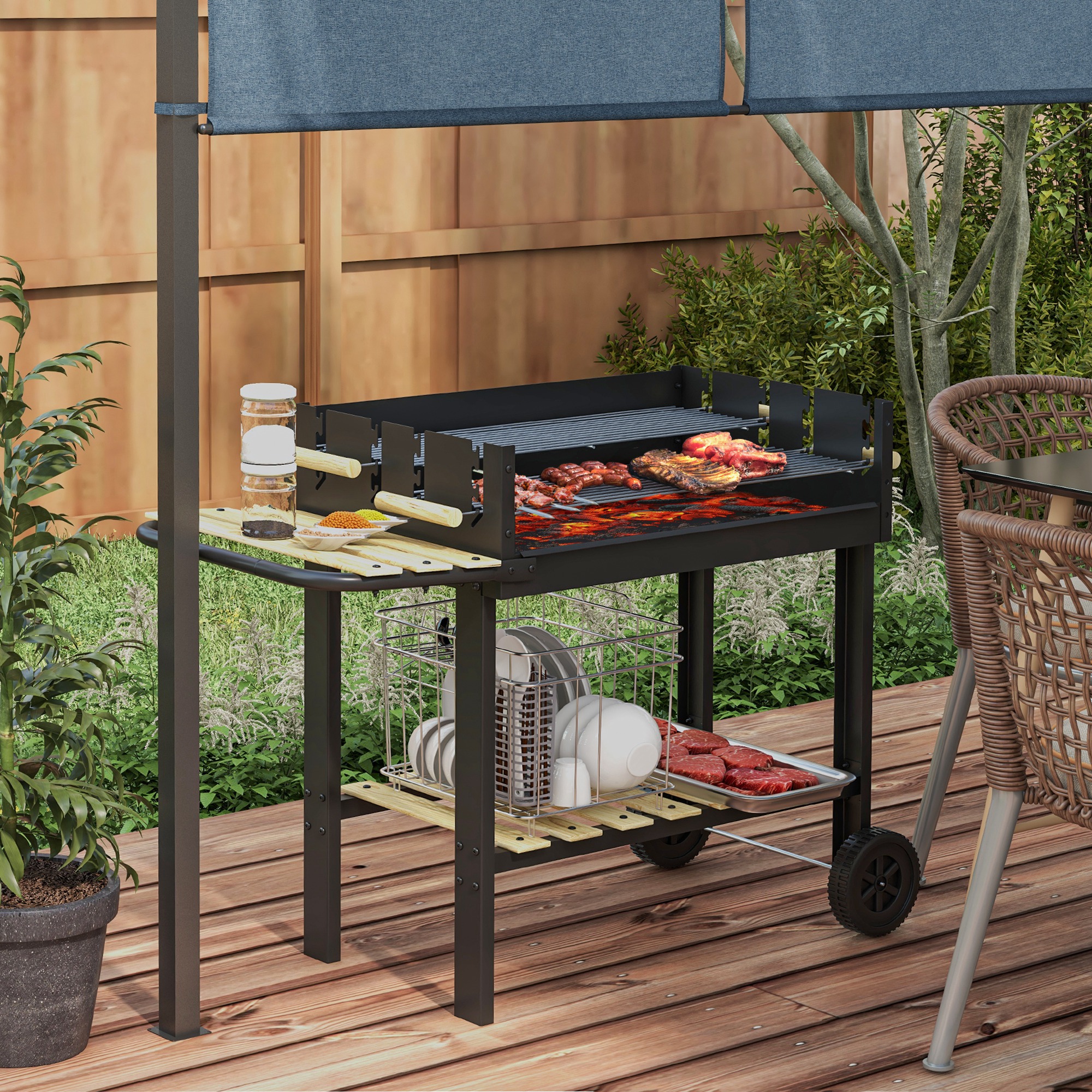 Outsunny Kohlegrill, Grillwagen, 2 Grillflächen, 2 Räder, Griffe, Ablagen, 113 x 53,5 x 82,5 cm, Schwarz