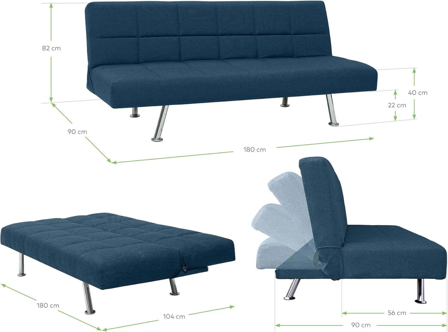 EVERGREENWEB - Divano Letto Clic Clac 3 Posti in Tessuto Imbottito colore Blu, Design Moderno, Schienale Reclinabile e Trasformabile in Comodo Letto con Materasso in Foam, Gambe Cromate, BRIGITTE