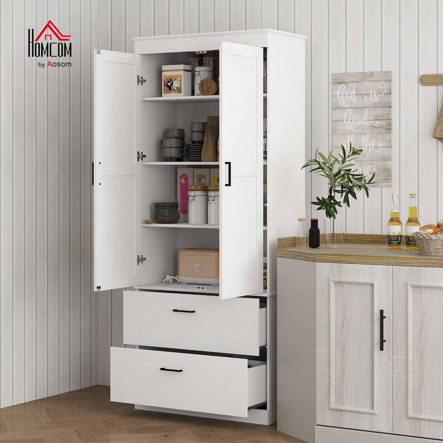 HOMCOM Küchenschrank, Hochschrank mit verstellbaren Regal, Schublade, Buffetschrank Aufbewahrungsschrank mit Landhaus-Stil Vitrinenschrank für Esszimmer Küche 75x39x178 cm Weiß