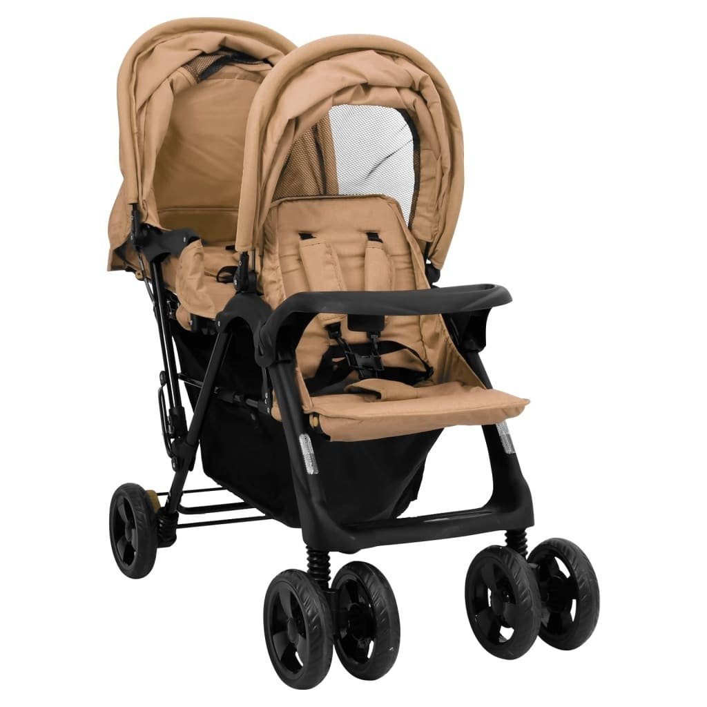 Geschwisterwagen aus Stahl, Leinen in Taupe und Schwarz