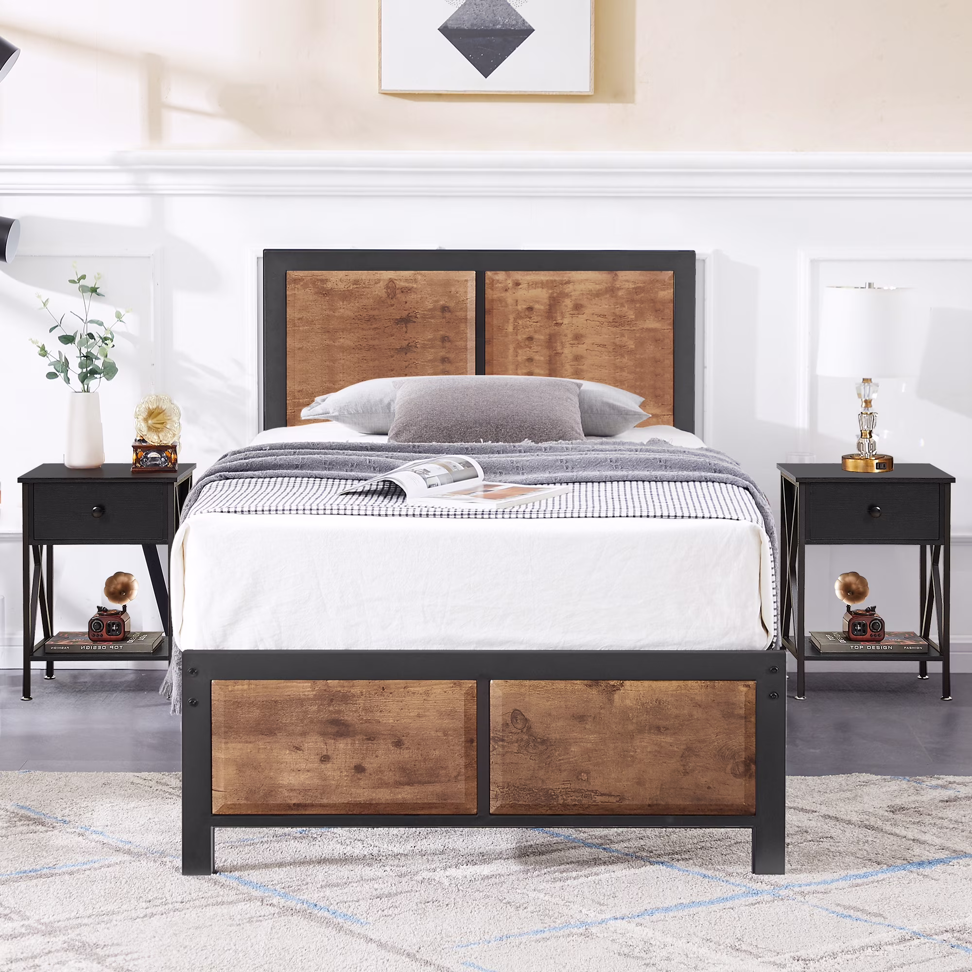 VECELO 3-Piece Bedroom Set with Twin Size Bed Frame and 1-Drawer Black Nightstands