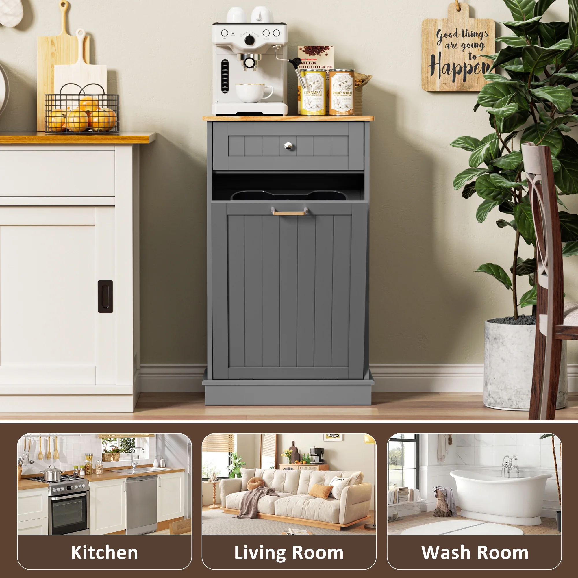 HARIPUL Single Tilt Out Trash Cabinet for 13 Gallon Waste Bin, Free Standing Kitchen Trash Can Cabinet with Drawers, White