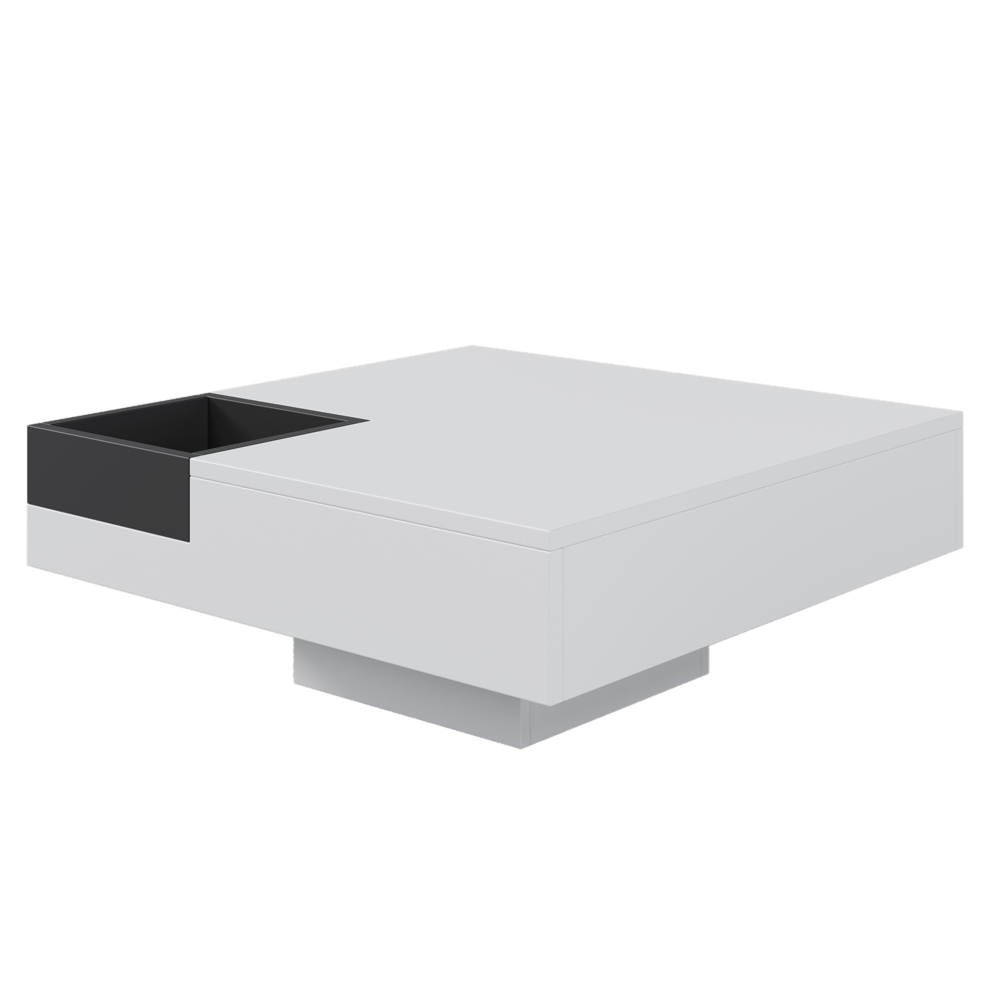 Couchtisch Hochglanz, Beistelltisch mit abnehmbarer Aufbewahrungsbox und LED-Lichteffekt, 72×72×30 cm, Weiß