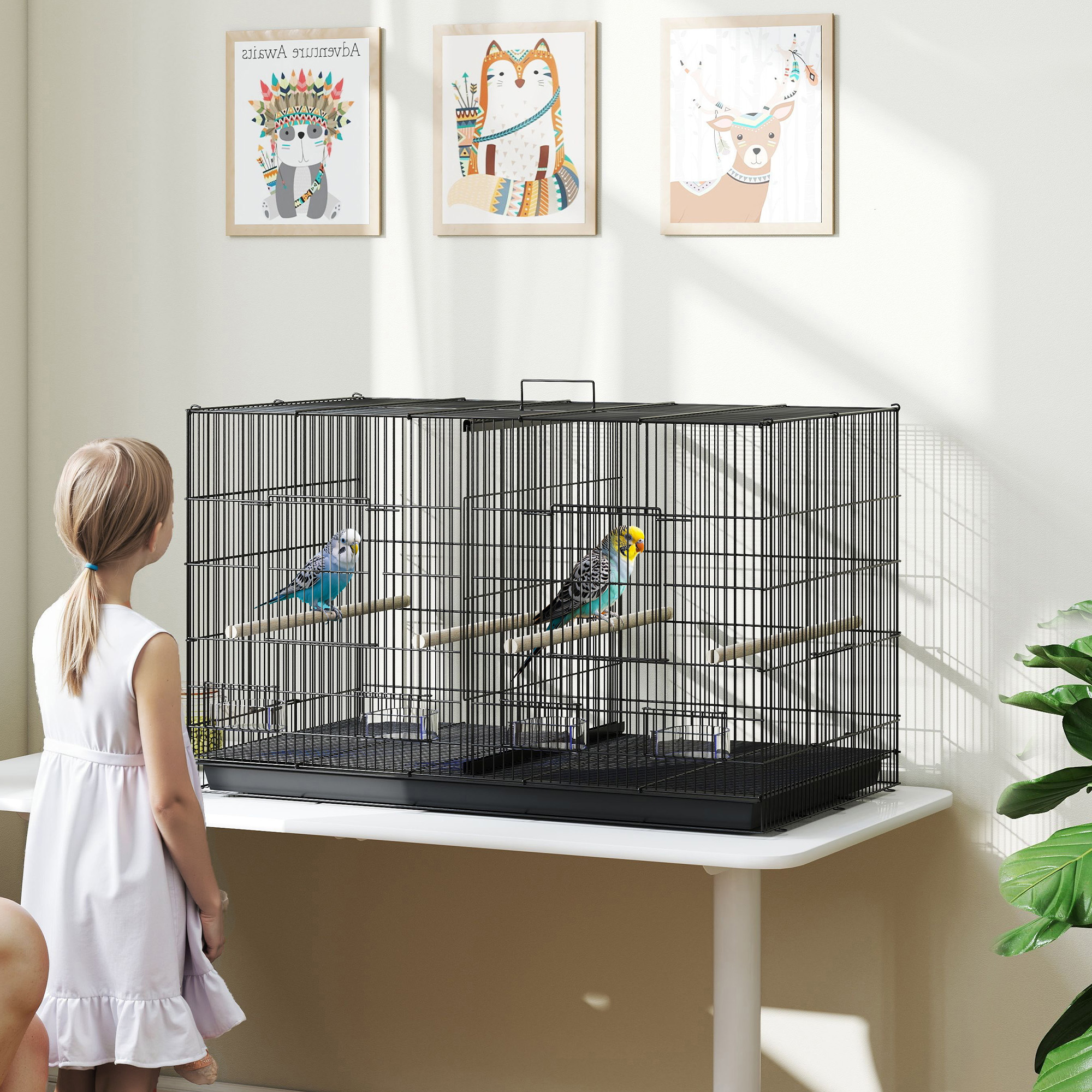 PawHut Vogelkäfig mit Trennwand und unterem Regalboden, aus Stahl und PP, 94x57x57 cm, Schwarz