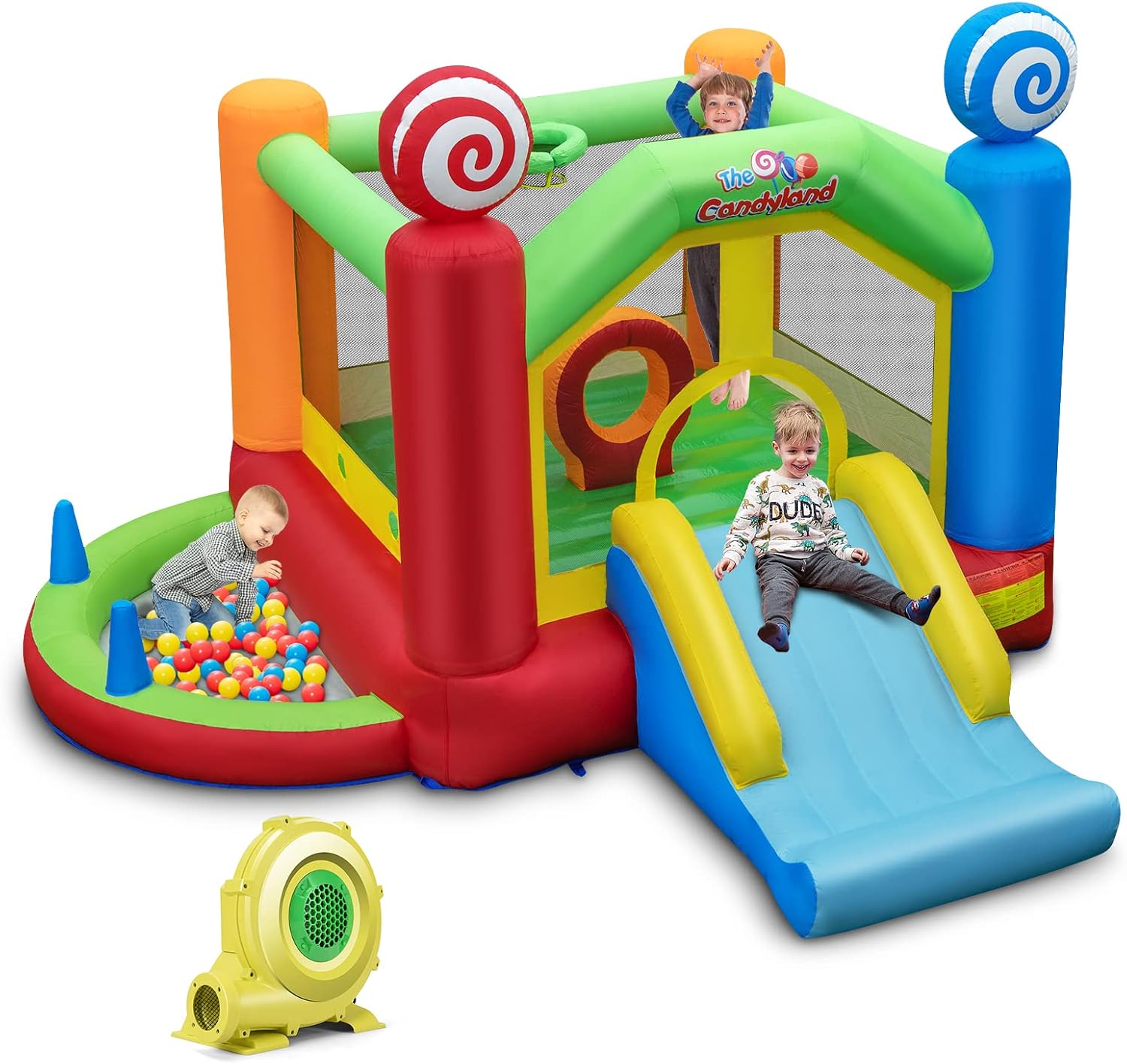 RELAX4LIFE Inflatable Castle for Children with Blower 680W, Candy Theme, Inflatable Park with Outdoor Slide, 50 Balls, Pools and Trampolines, 385 x 355 x 245 cm