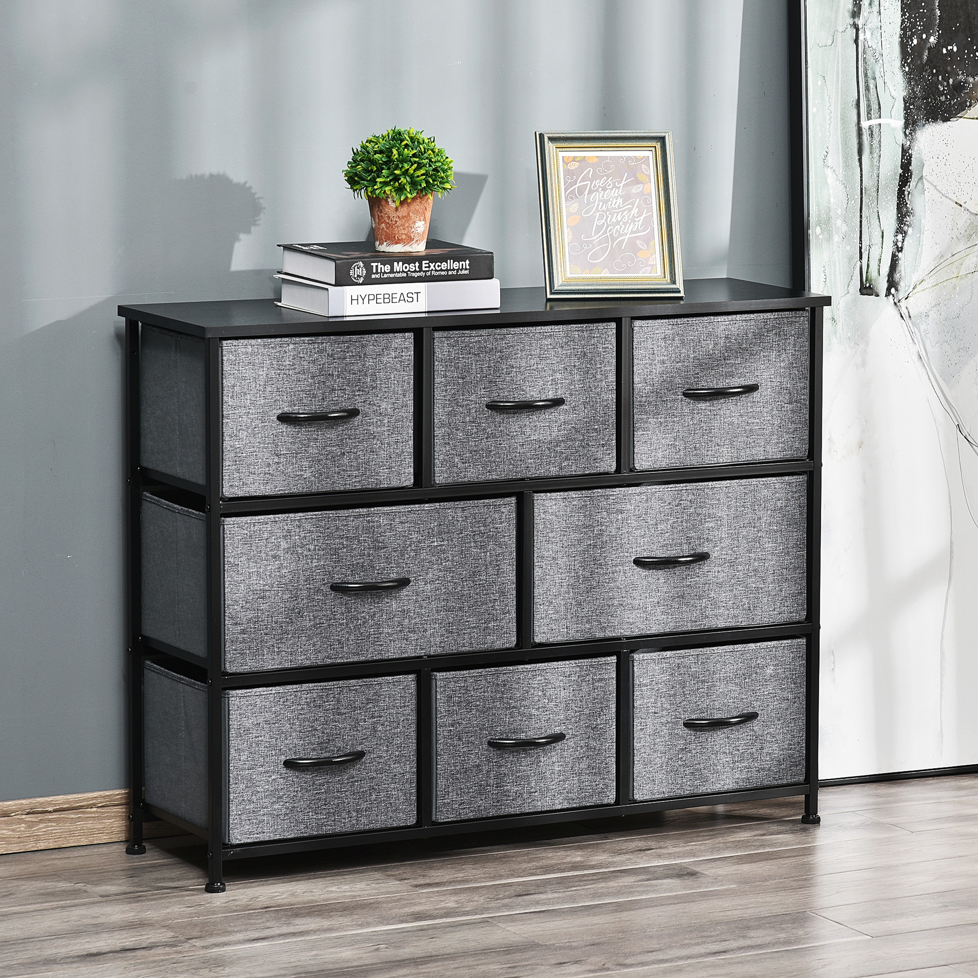 HOMCOM Kommode mit 8 Stoffschubladen, 2 große, 6 kleine, Metallrahmen, Kippschutz, Grau