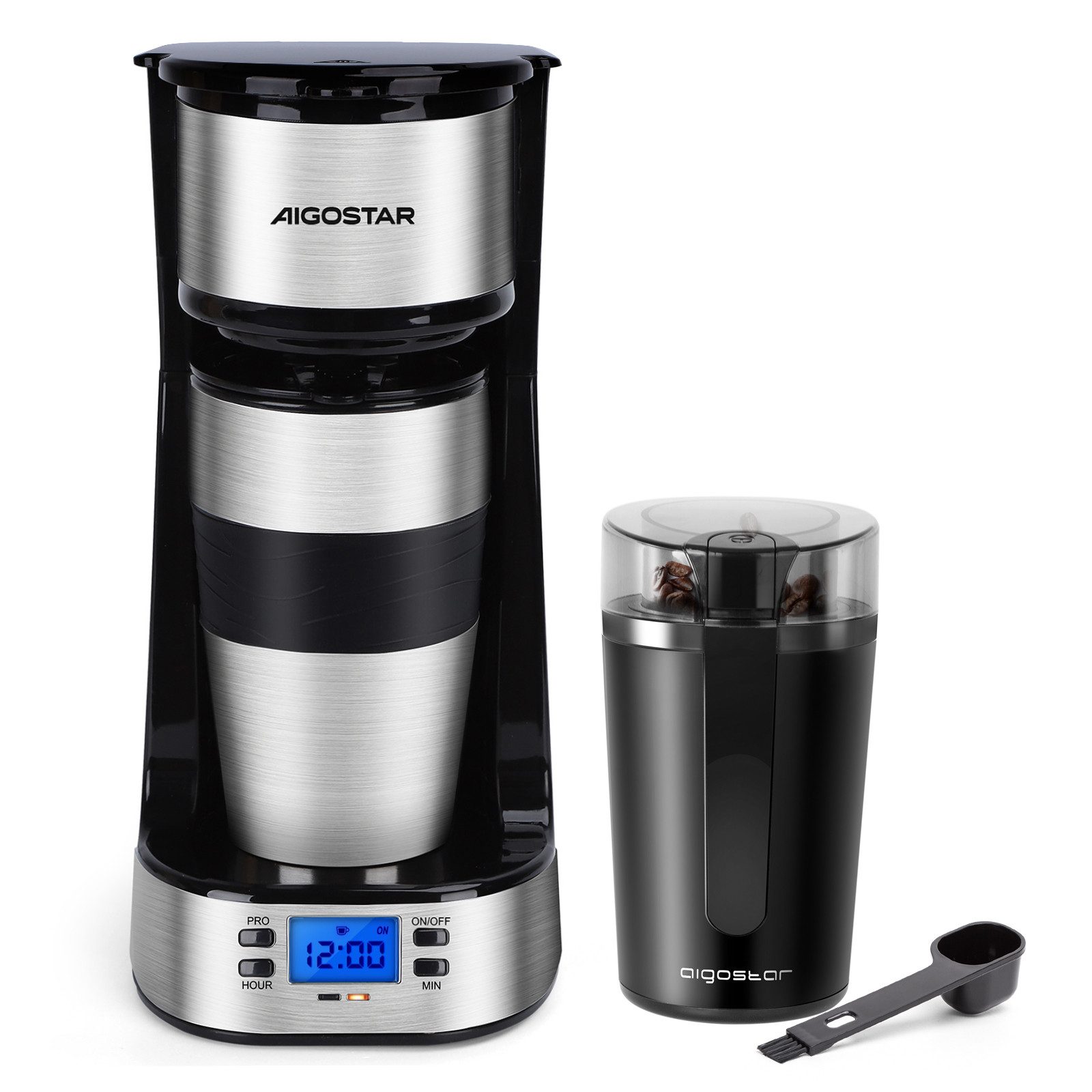 Kaffeemaschine mit Mahlwerk Korbfilter, Kaffeemaschine mit Thermobecher, 24h-Timer, AutoClean-Funktion