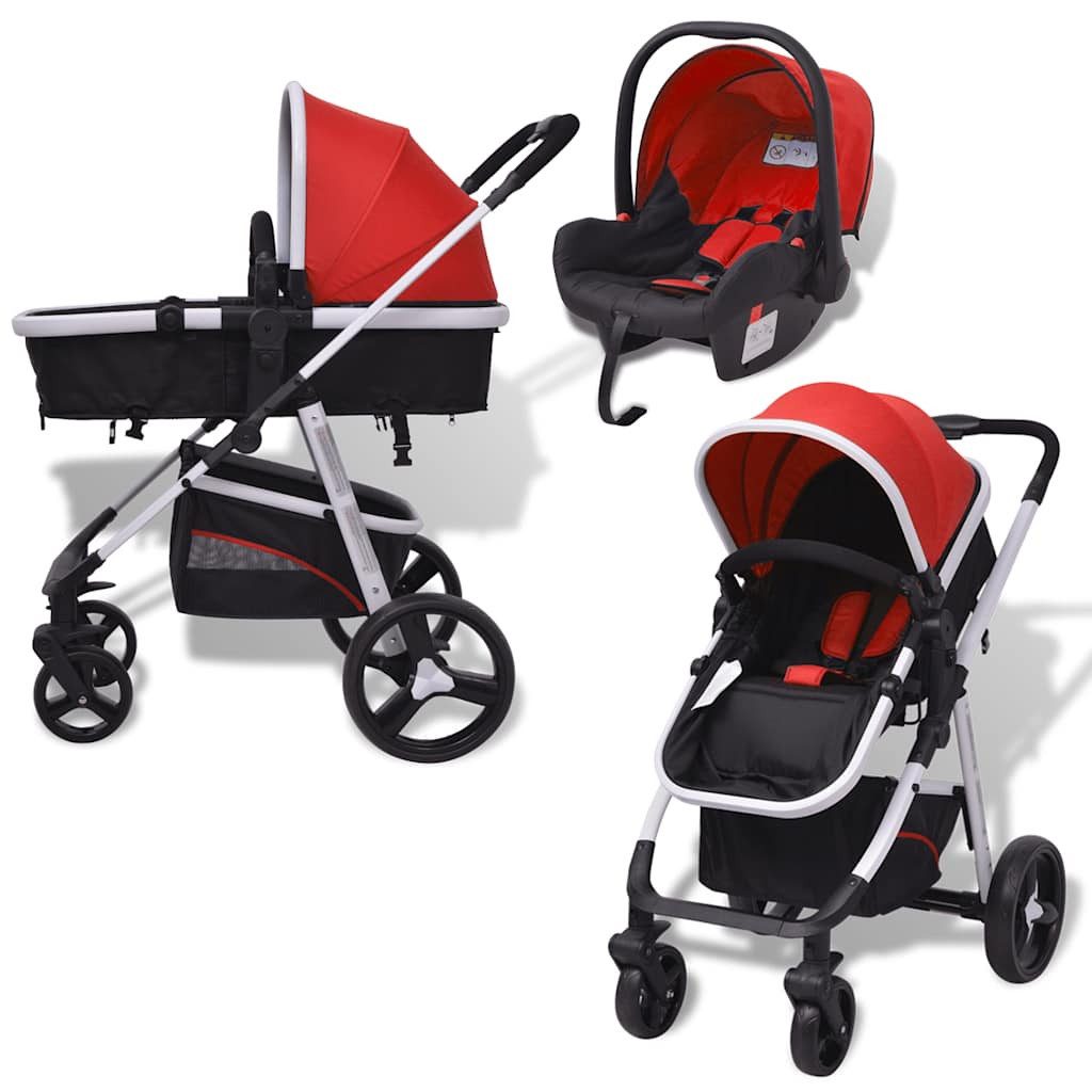 Kinder-Buggy 3-in-1 Kinderwagen Aluminium Rot und Schwarz