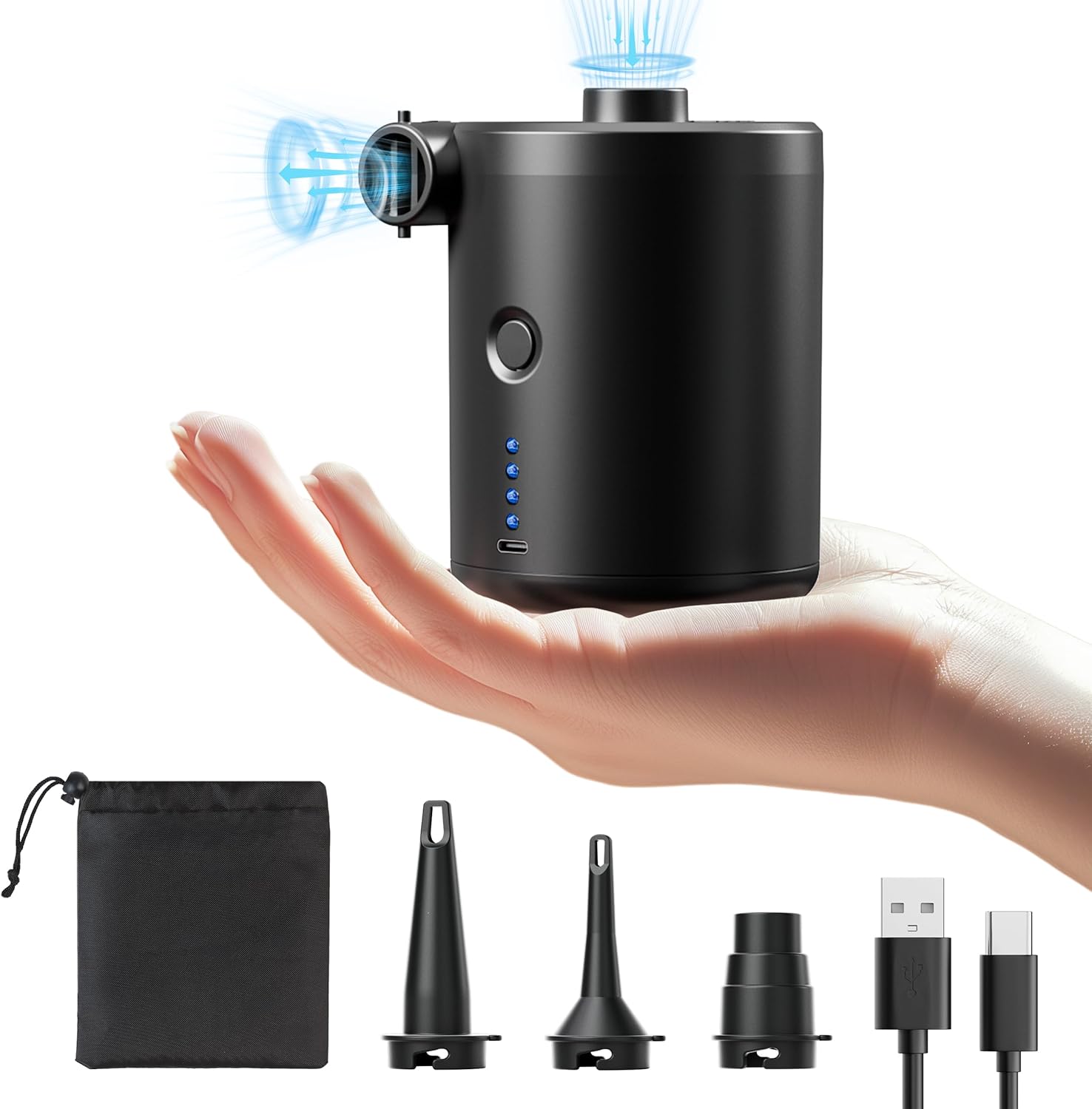 QPAU Pompa Elettrica, 5000 mAh Pompa Elettrica per Materasso Gonfiabile, Gonfiatore Sgonfiatore a Riempimento Rapido Gonfiatore Elettrico Portatile con 3 Ugelli per Materassino Campeggio
