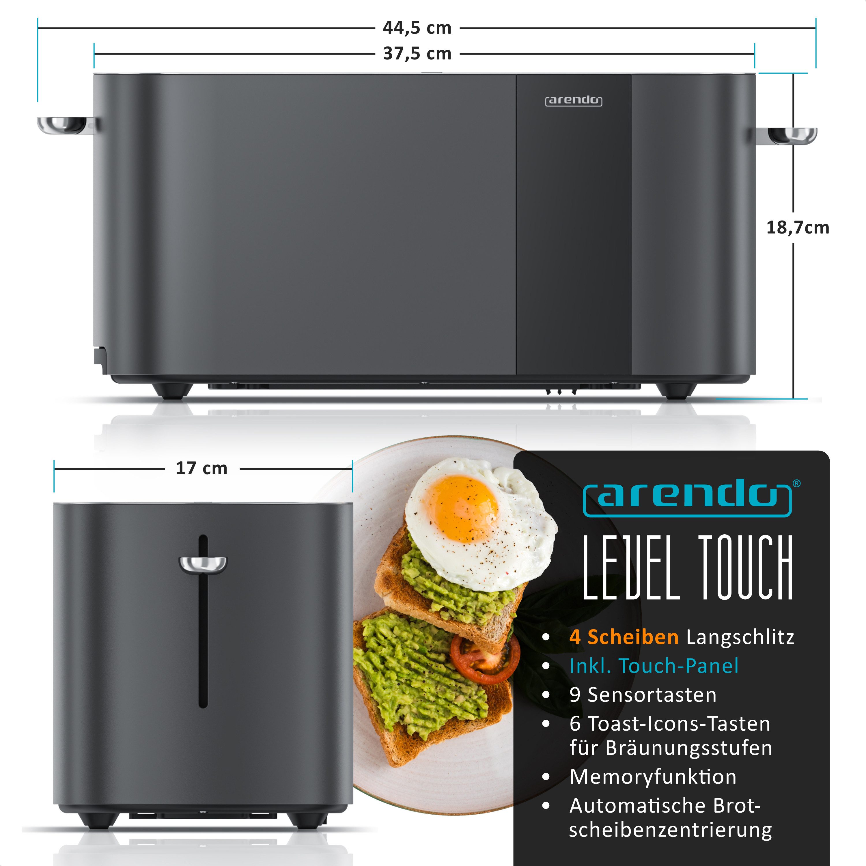 Toaster Edelstahl, Langschlitz, Touch Display, Restzeit & Bräunungsgradanzeige