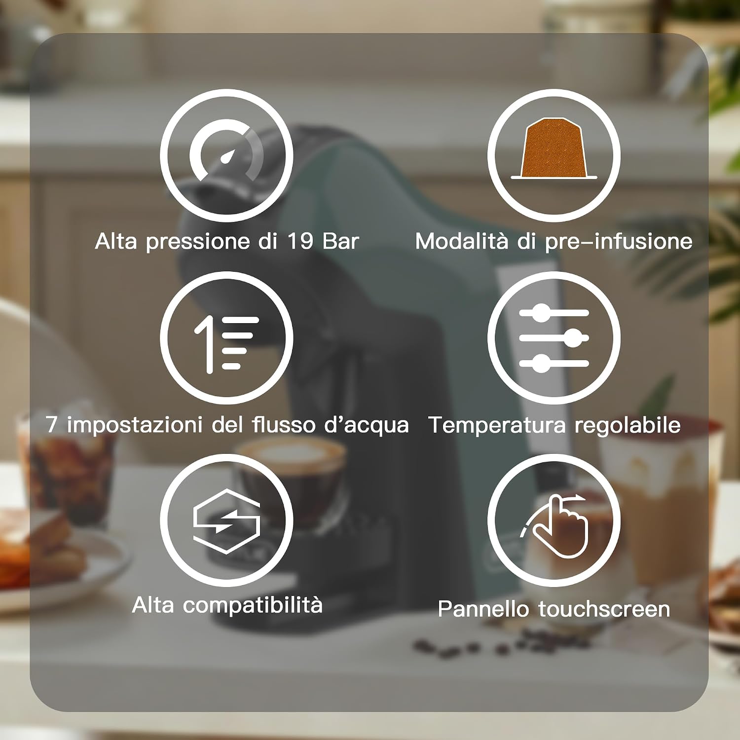 KOTLIE Macchina da caffè multifunzione compatibile con capsule e polvere, 3 tempi, 7 livelli di acqua, serbatoio acqua da 1 L (EM-308B)