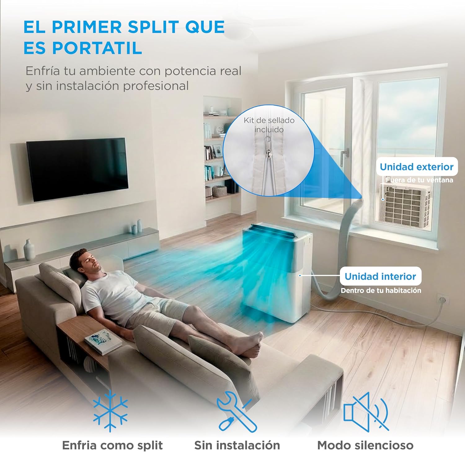 Midea Portasplit Aire Acondicionado Portatil 4 en 1 | 3000 frigorías / 12000 BTU | Pinguino Split de Bajo Consumo con modo Silence | Deshumidificador, Calefactor, Ventilador y Climatizador hasta 45 m2