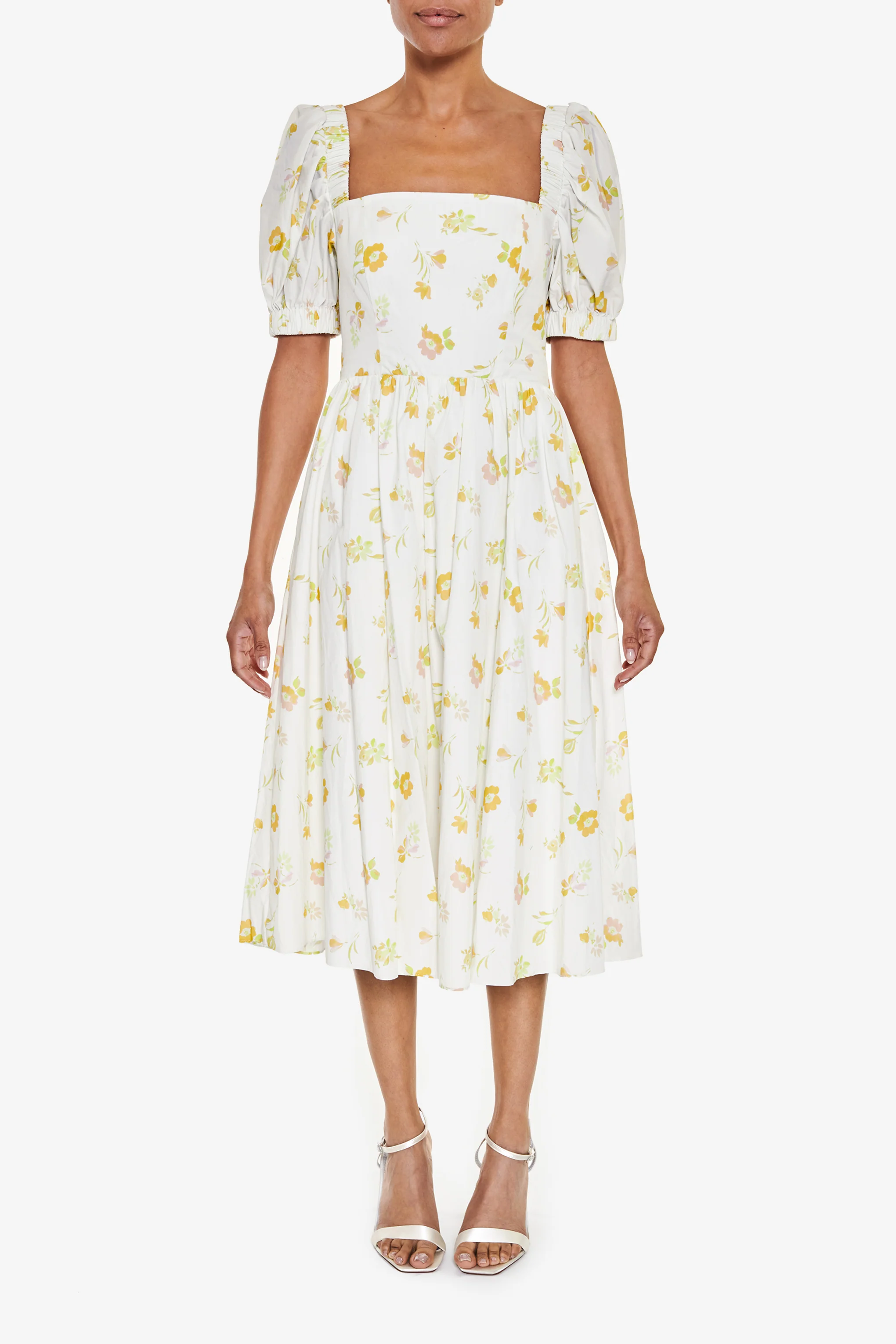 Stella Cream-Yellow-Floral Open Cross-Back Puff-Sleeve Midi-Dress