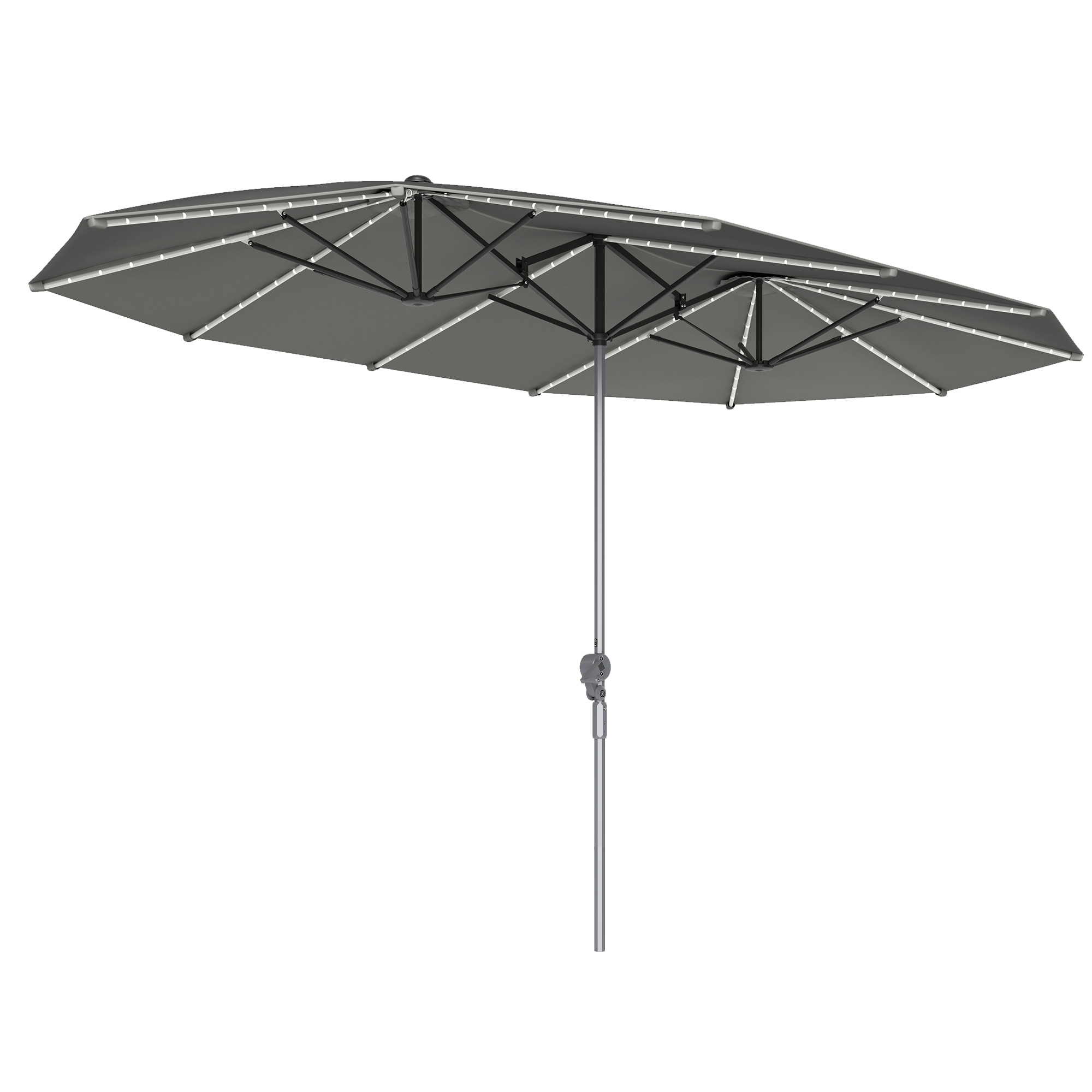 Dubbele Parasol met Zonne-energie Verlichting, Aluminium, Polyester, UPF50+ Bescherming, UV-bestendig, Terras Parasol, Donkergrijs