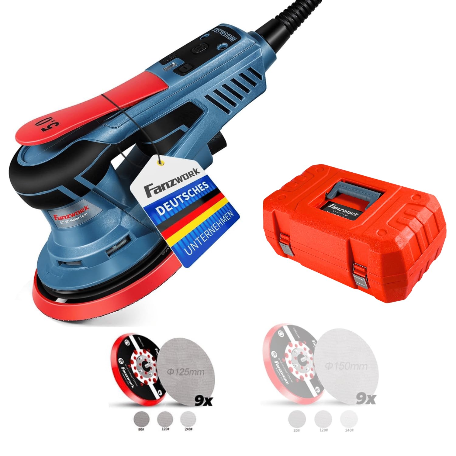 FANZWORK Bürstenloser Exzenterschleifer HG0024 350W 5mm Hub 125mm und 150mm Schleifteller Set zum Schleifen