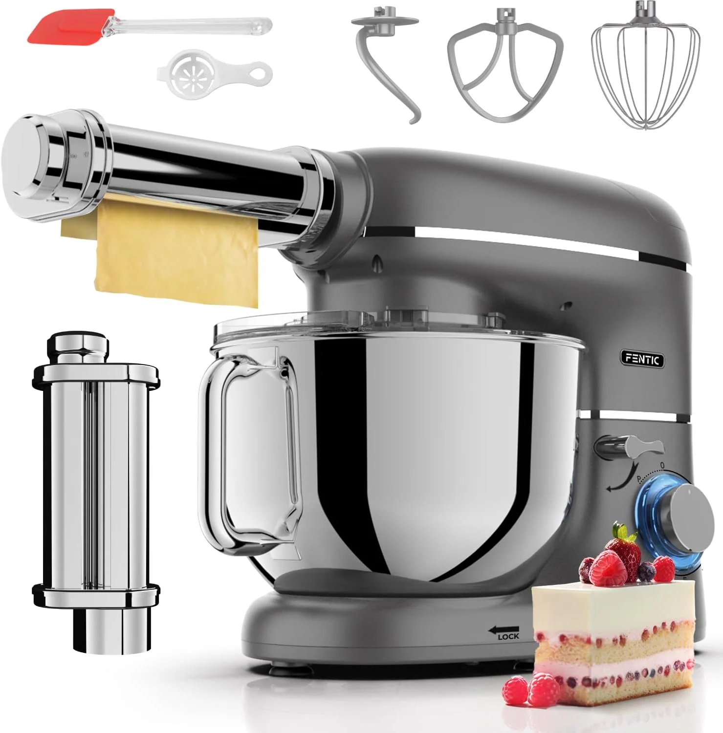 Kuchenmaschine mit Nudelmaschine, 2000W, 6,2L Edelstahl Rührschüssel (Grau), Knetmaschine mit Nudelmaschine Elektrische, Pasta Maker