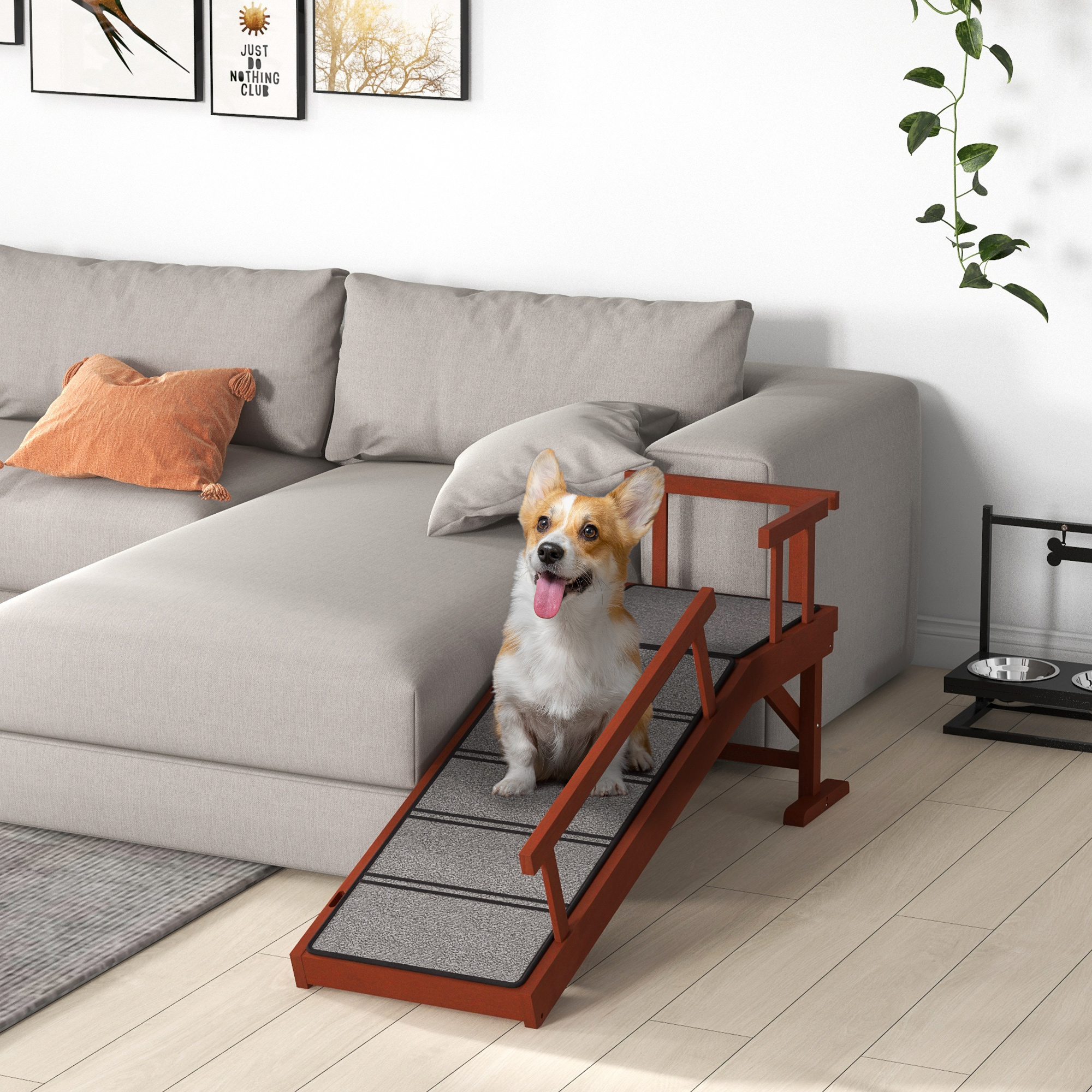 PawHut Hunderampe, abnehmbare Geländer, rutschfest, Holz, bis 30 kg, 125x40x56cm, Braun/Grau