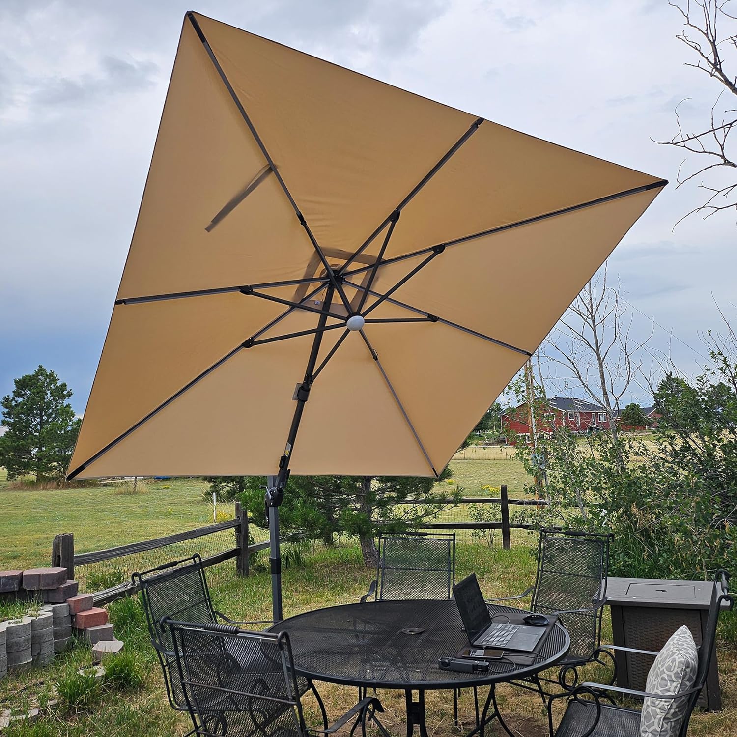 PURPLE LEAF 10 Feet Patio Umbrella Outdoor Cantilever Solar Powered LED Swivel Square Umbrella Aluminum Offset Umbrella with 360-degree Rotation for Garden Deck Pool Patio  Beige