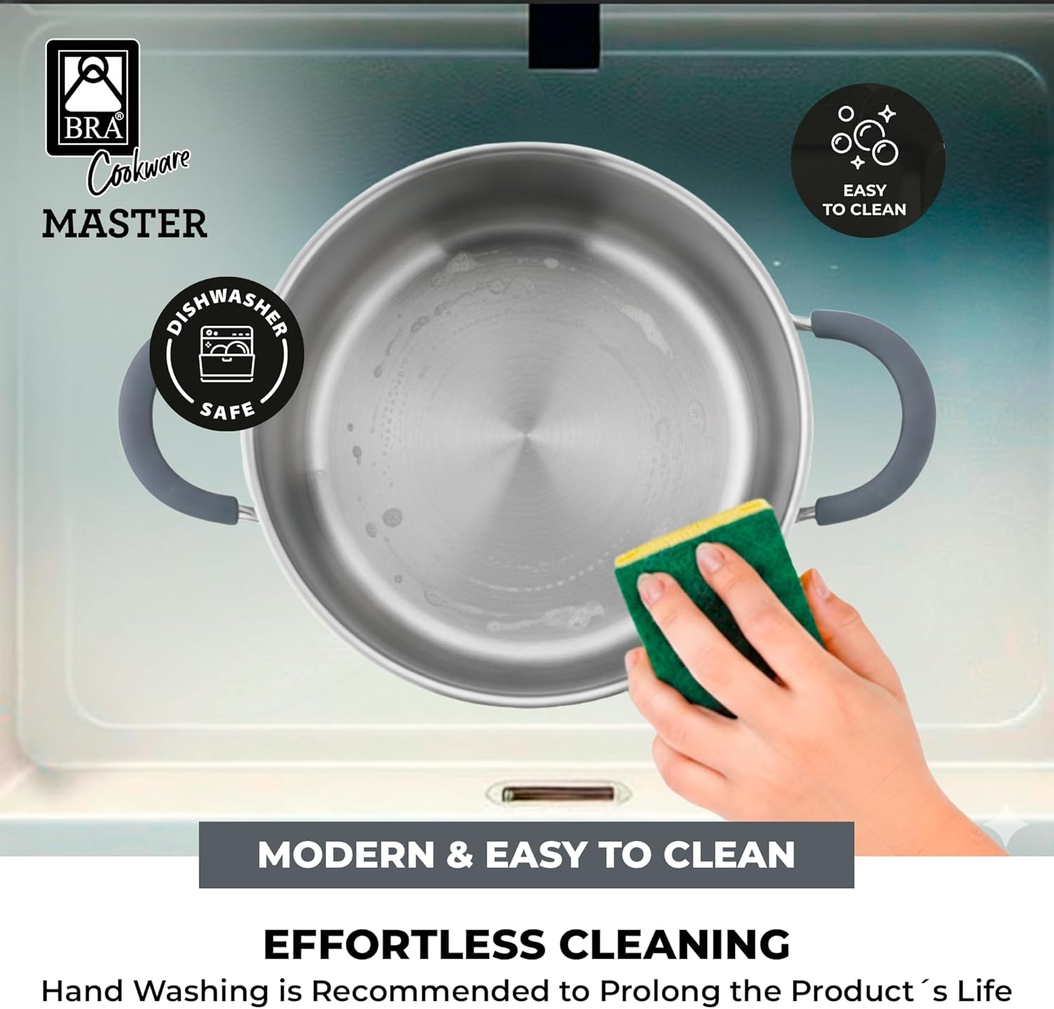 BRA COOKWARE Master 9-Piece Stainless Steel Cookware Set | Professional Pots & Pans Set w/ 2 Pots, 1 Sauté Pan, 3 Frying Pans, 3 Lids | All Stovetops | PFAS Free | Silicone Coated Handles