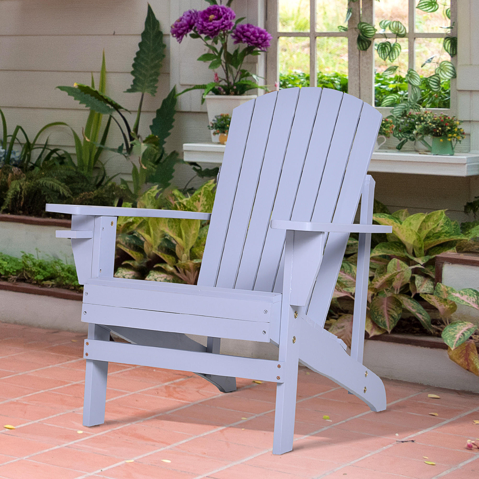 Outsunny Adirondack-Gartenstuhl mit Becherhalter Gartenliege Balkonstuhl Massivholz Grau 72,5 x 97 x 93 cm