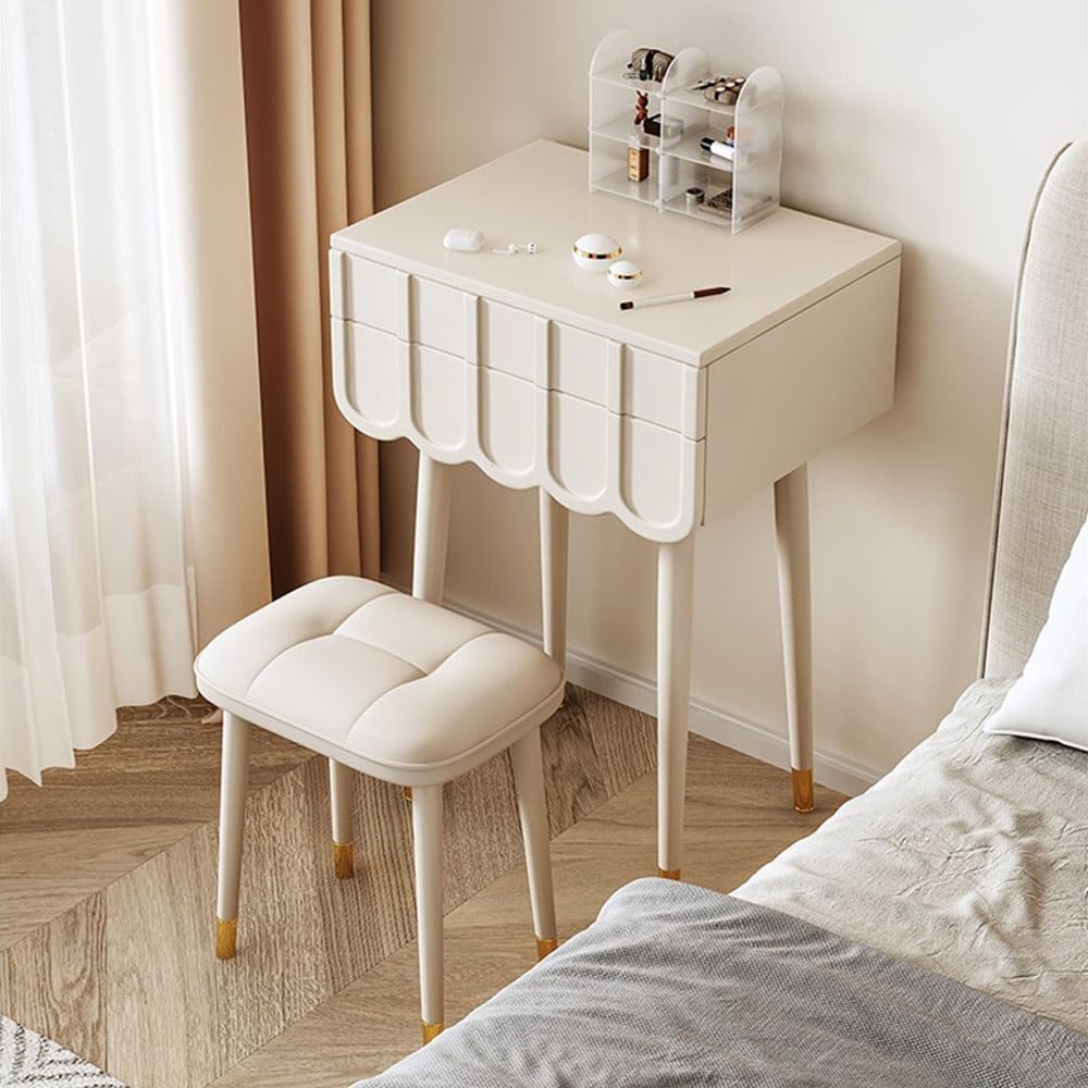 Elegante set da trucco in legno bianco con specchio ribaltabile e sgabello, scrivania salvaspazio e mobili per camera da letto, per trucco e prodotti di bellezza essenziali